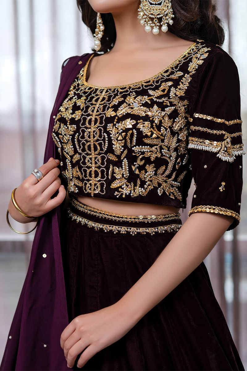 Pakistani Magenta Embellished Velvet Lehenga Choli (3-Piece) - Image 1