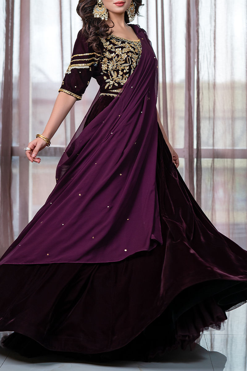 Pakistani Magenta Embellished Velvet Lehenga Choli (3-Piece) - Image 2