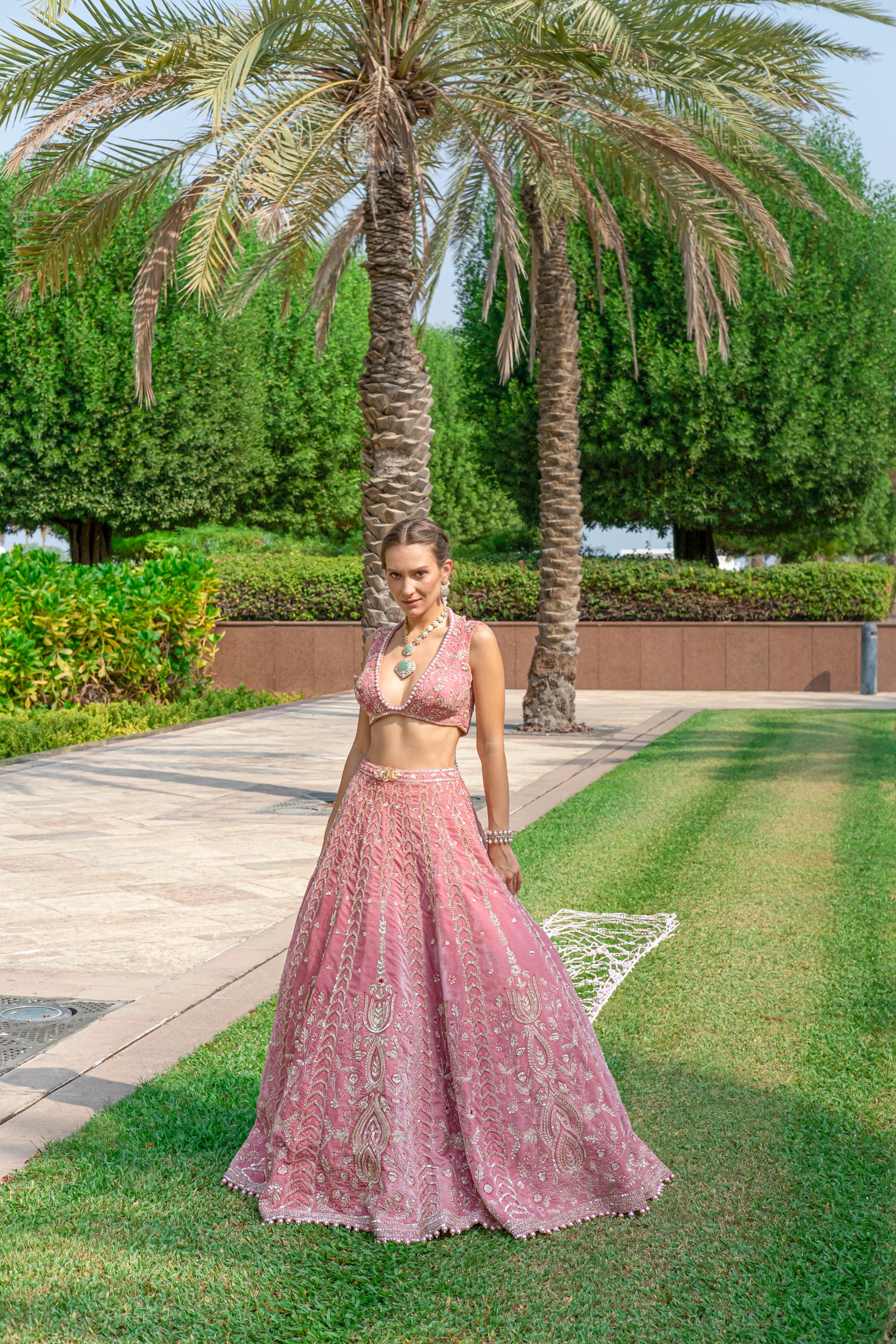 Indian Salmon Pink Embroidered Velvet Bridal Lehenga (3-Piece) - Image 1