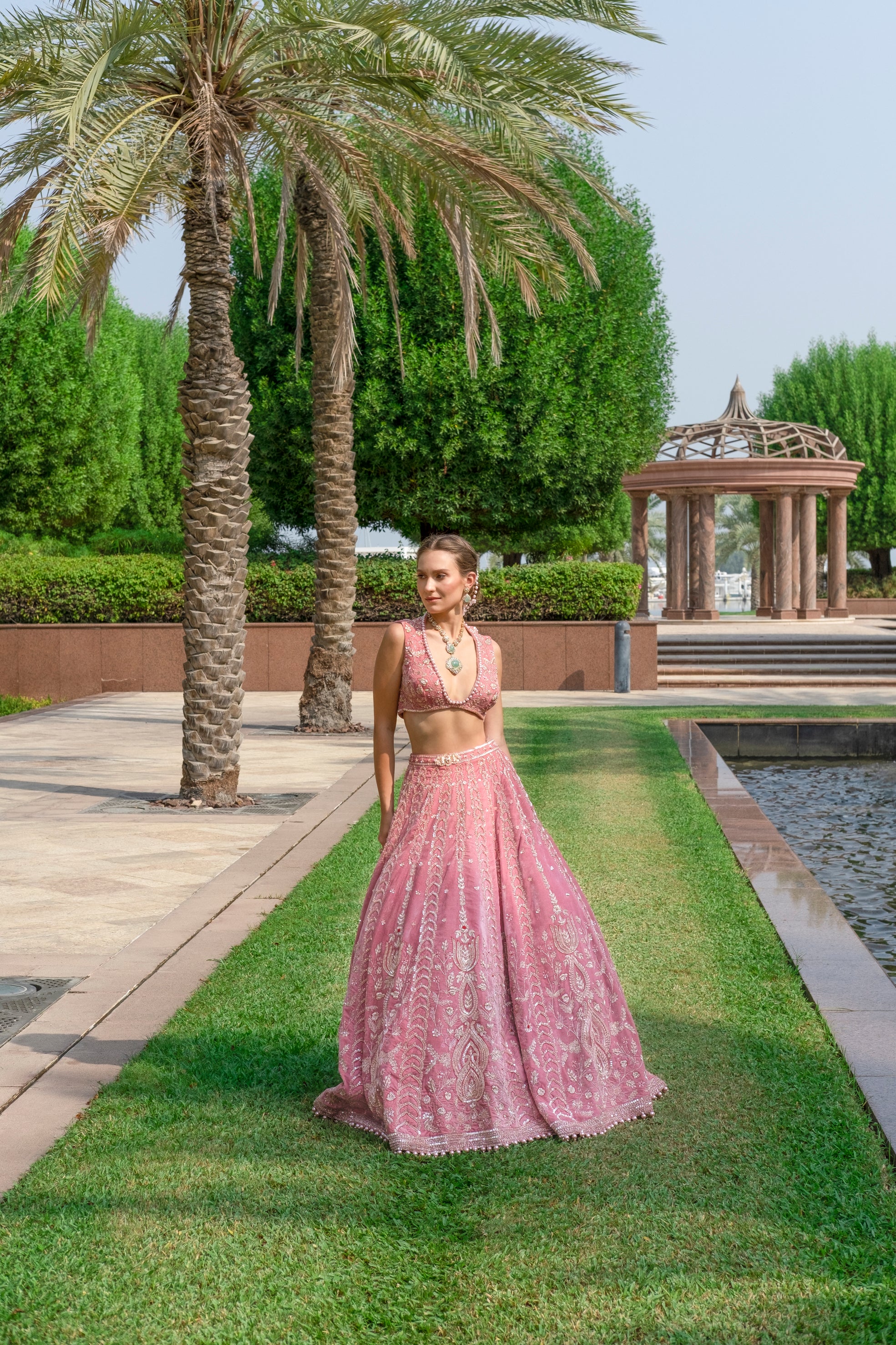 Indian Salmon Pink Embroidered Velvet Bridal Lehenga (3-Piece) - Image 2
