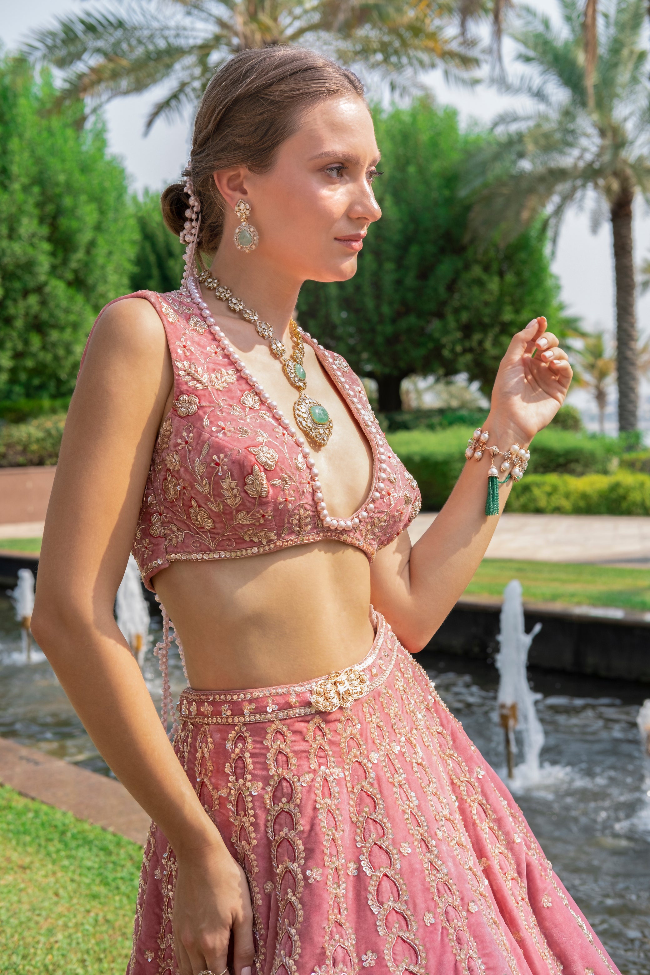 Indian Salmon Pink Embroidered Velvet Bridal Lehenga (3-Piece) - Image 3