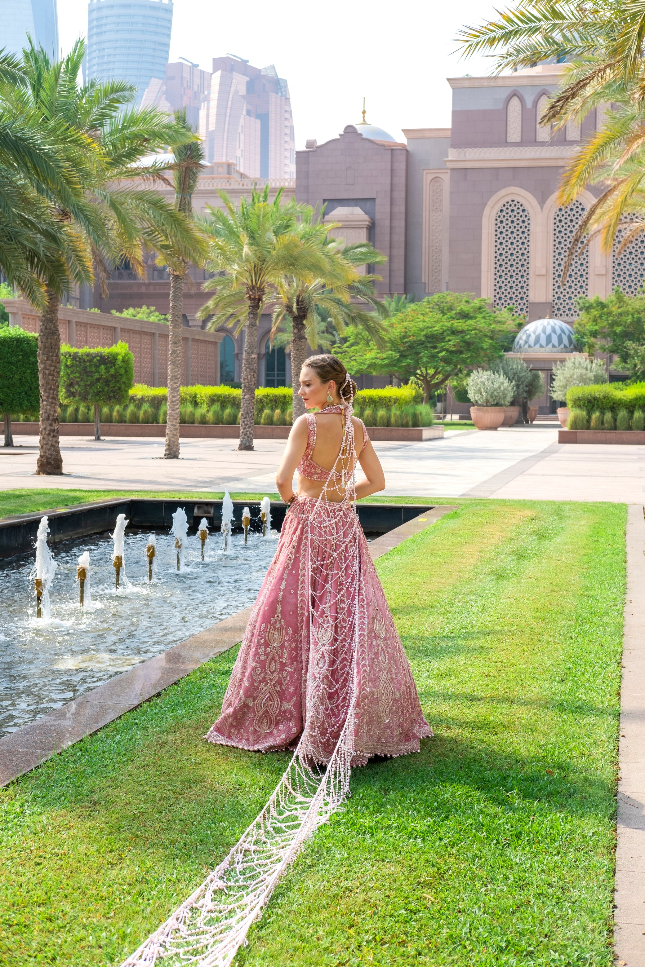 Indian Salmon Pink Embroidered Velvet Bridal Lehenga (3-Piece) - Image 5