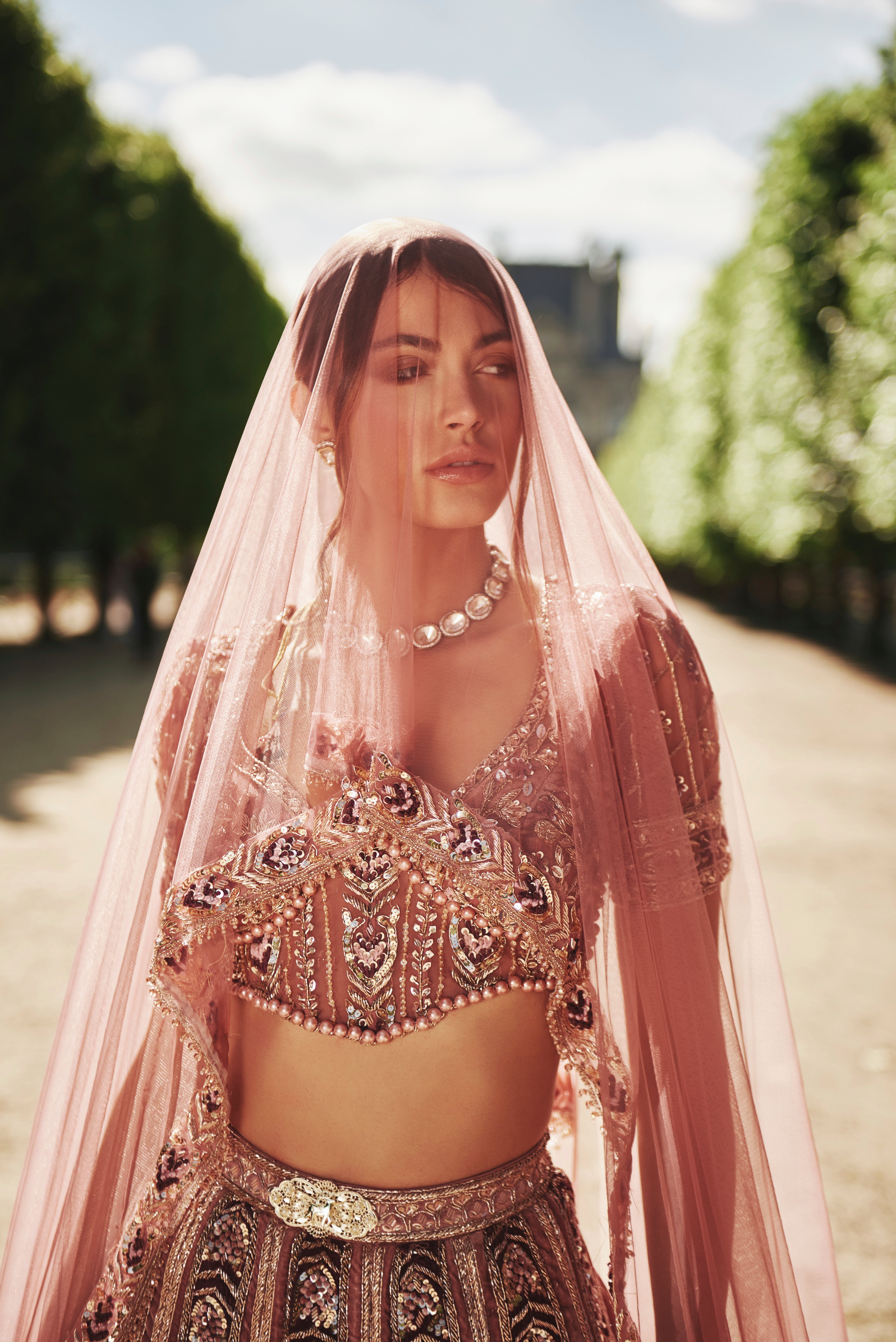 Indian Mauve Hand Embroidered Velvet Bridal Lehenga (3-Piece) - Image 2