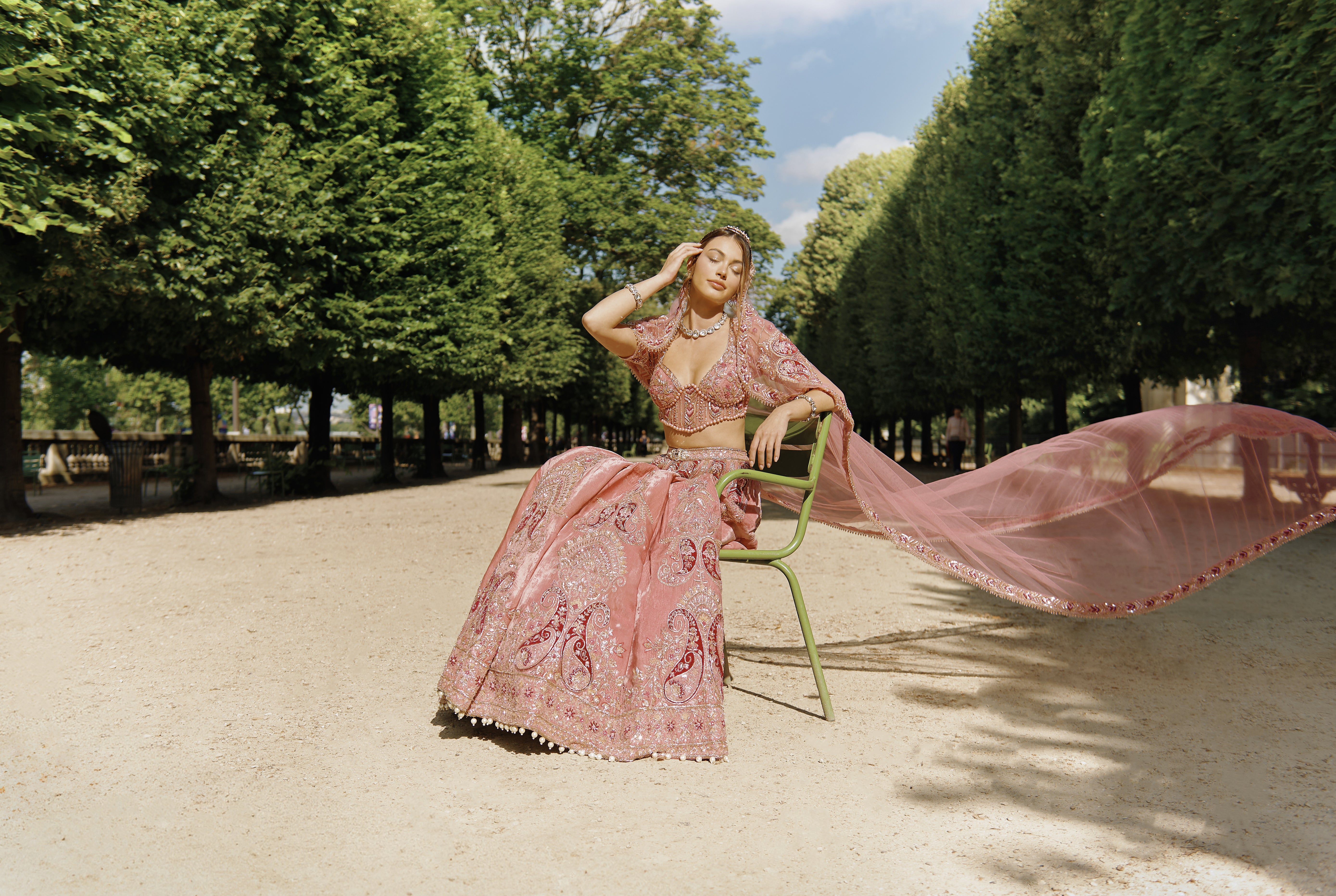 Indian Mauve Hand Embroidered Velvet Bridal Lehenga (3-Piece) - Image 3