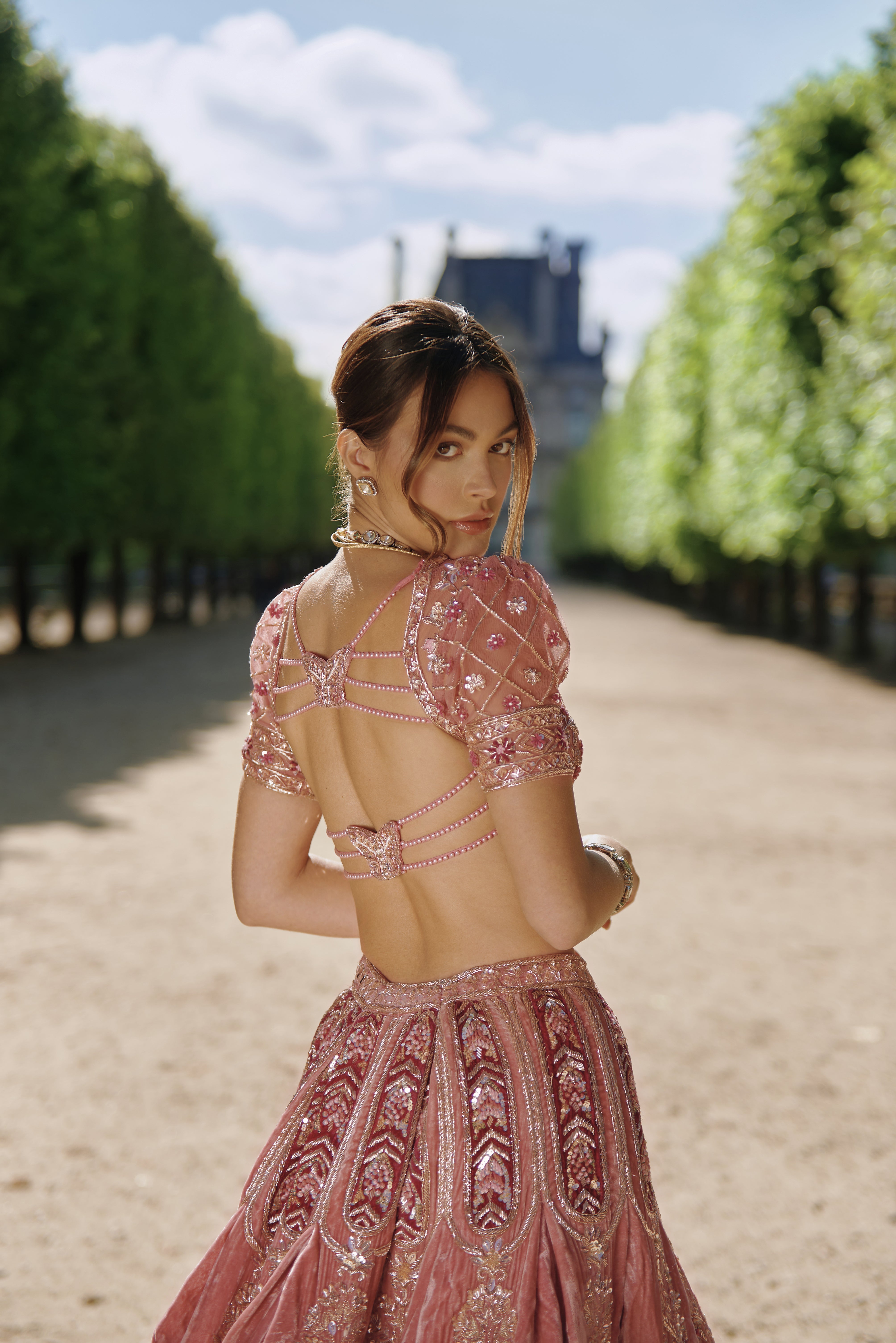 Indian Mauve Hand Embroidered Velvet Bridal Lehenga (3-Piece) - Image 4