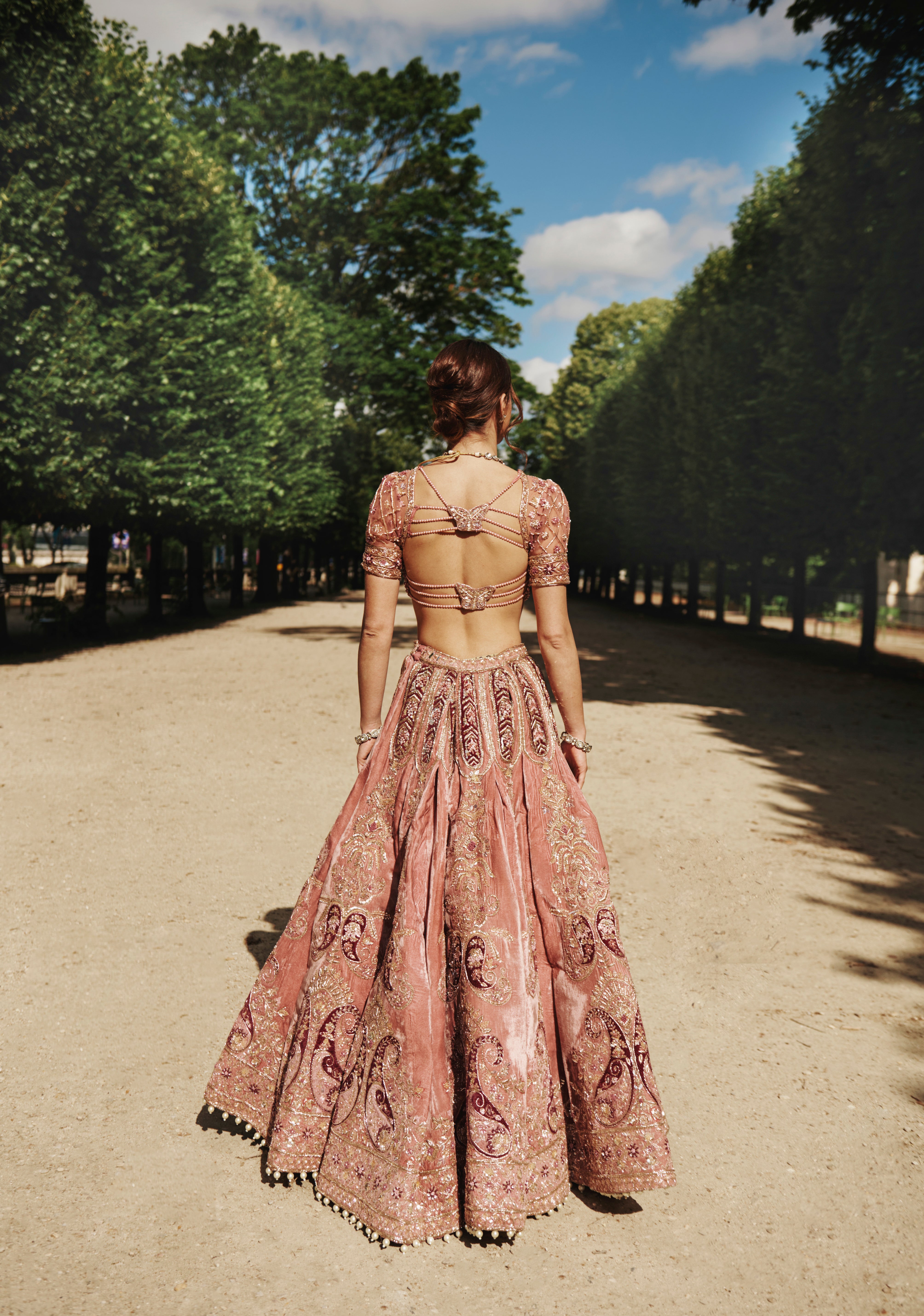 Indian Mauve Hand Embroidered Velvet Bridal Lehenga (3-Piece) - Image 5