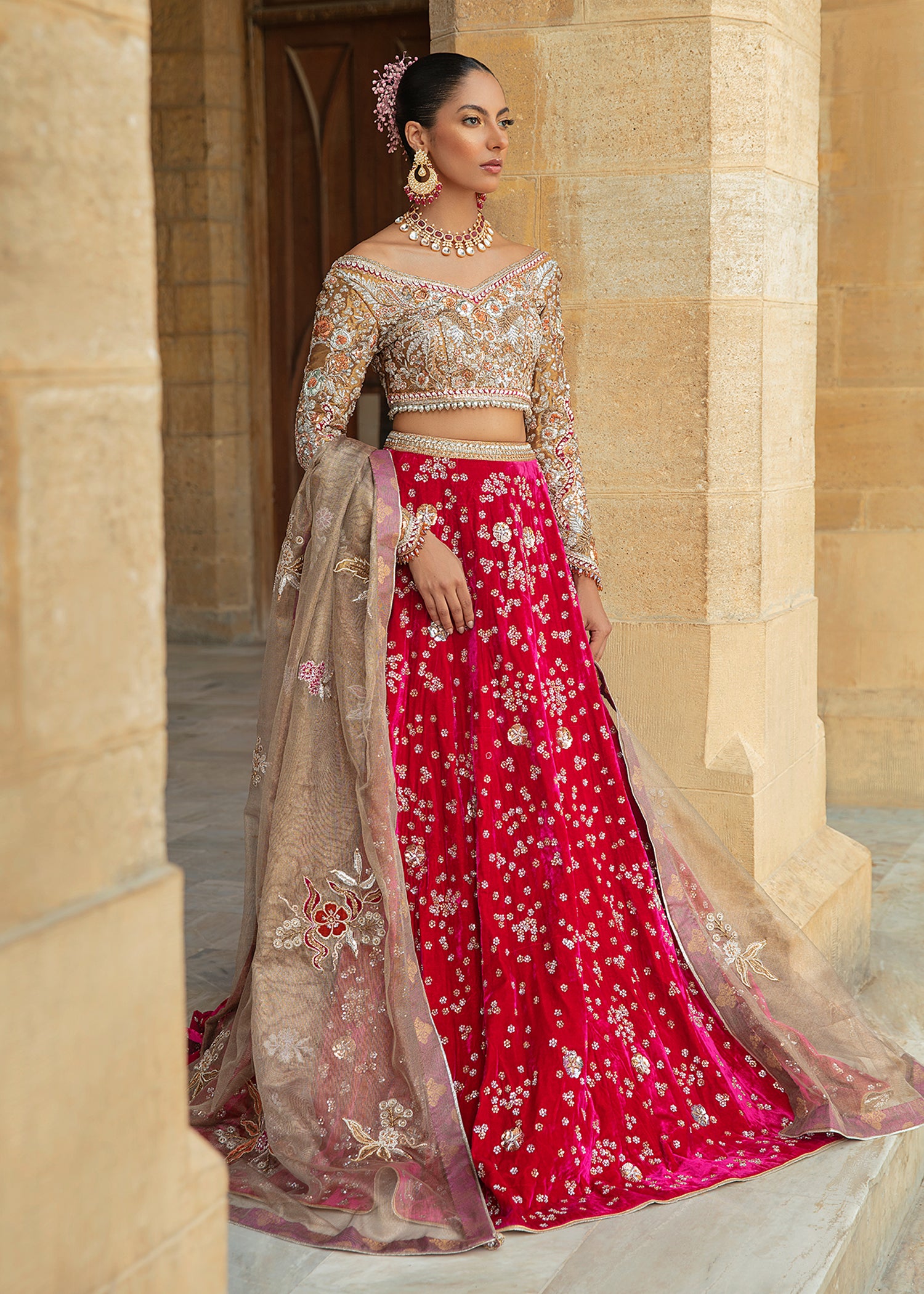 Pakistani Fuchsia Velvet Lehenga with Gold Embellished Blouse (3-Piece) - Image 1