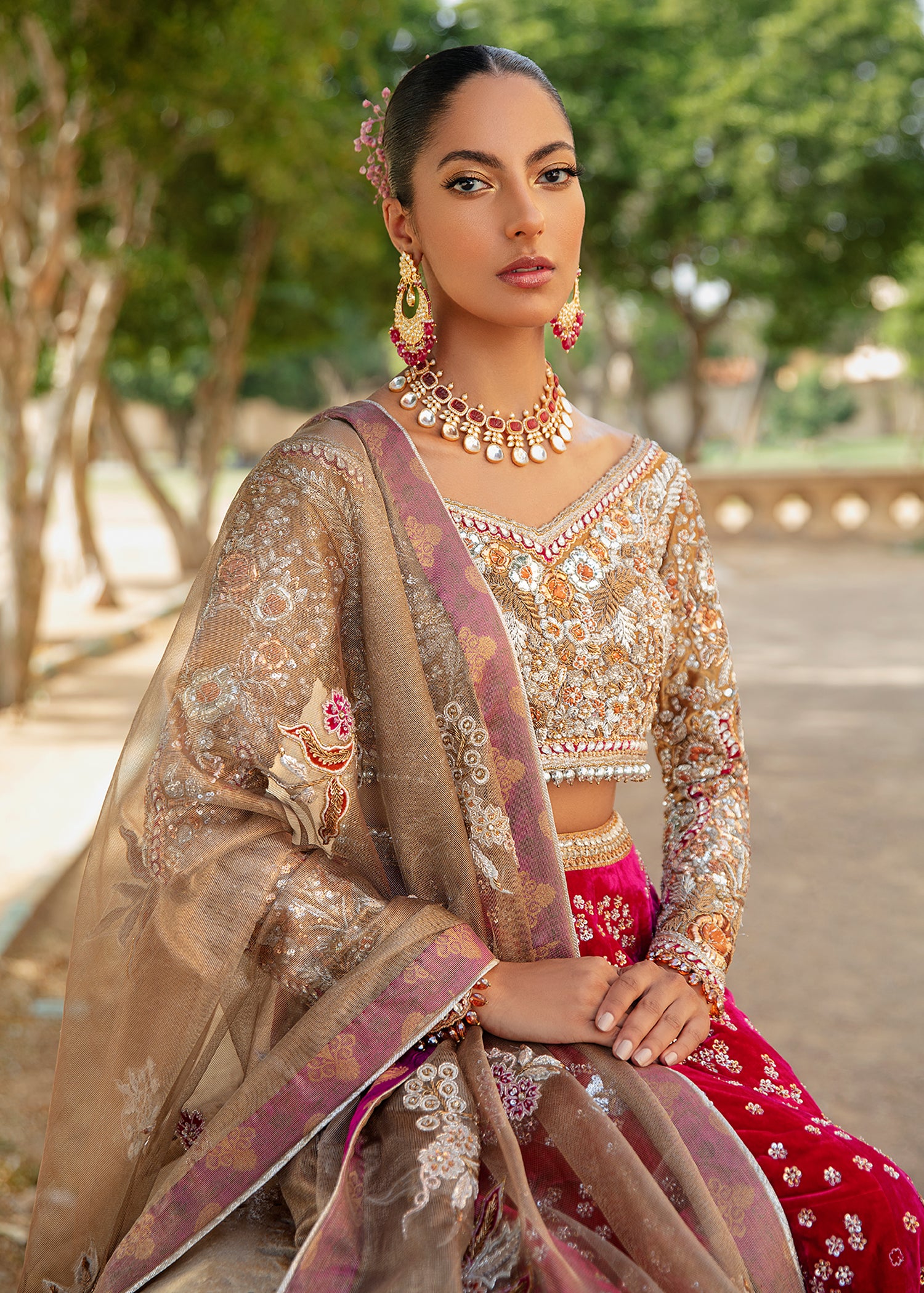 Pakistani Fuchsia Velvet Lehenga with Gold Embellished Blouse (3-Piece) - Image 3