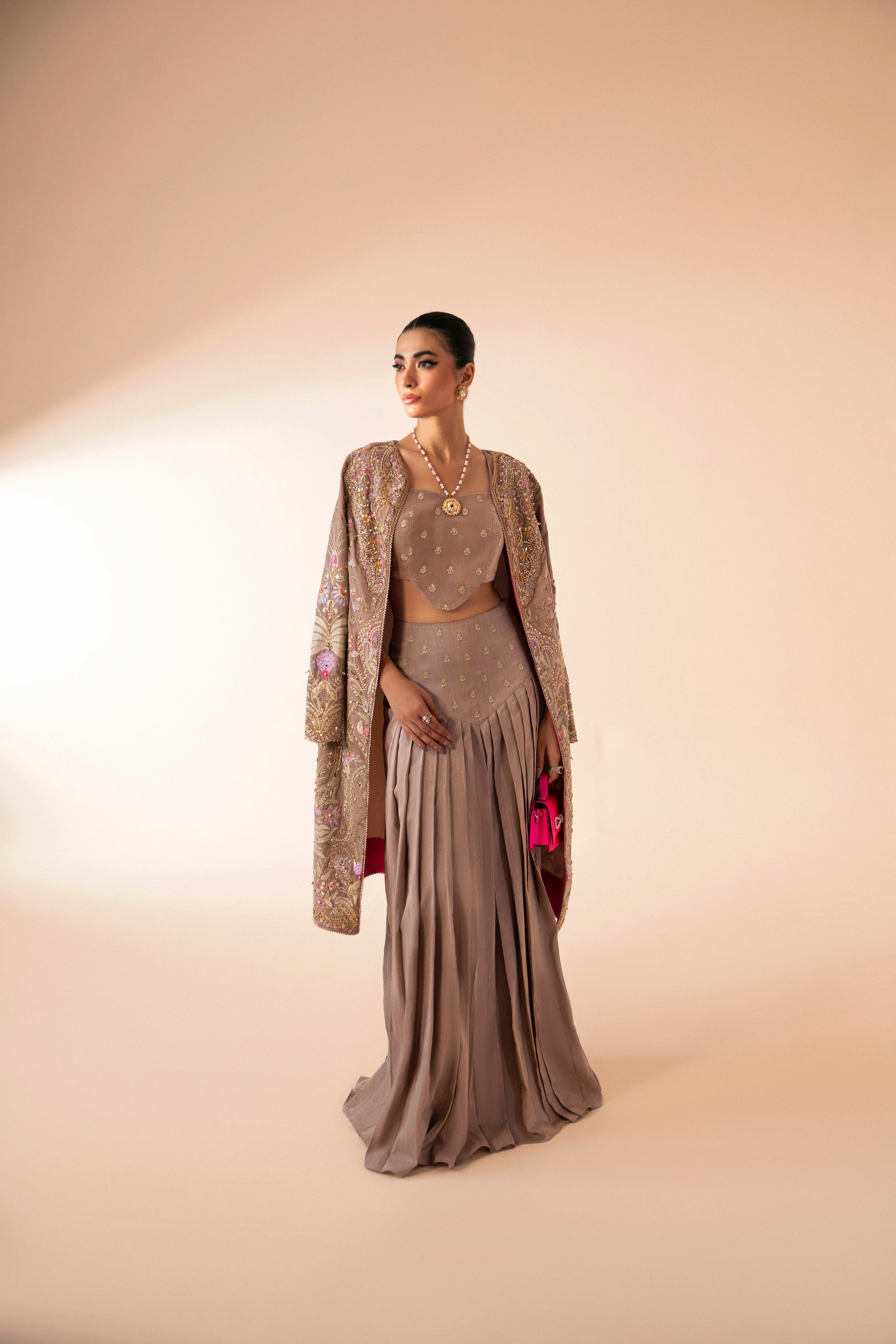 Subtle Pink Embroidered Velvet Jacket & Raw Silk Lehenga (2-Piece) - Image 1