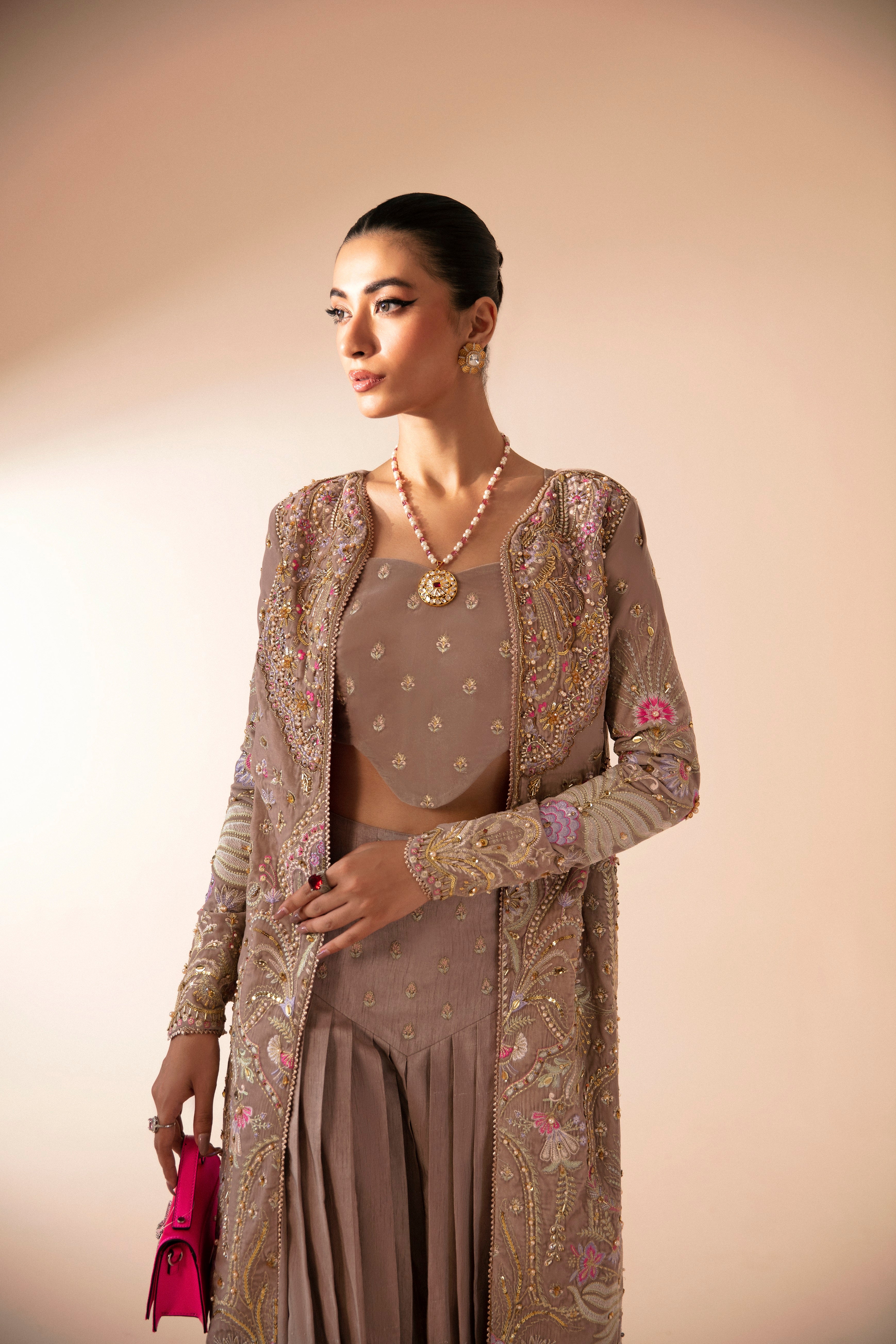 Subtle Pink Embroidered Velvet Jacket & Raw Silk Lehenga (2-Piece) - Image 2