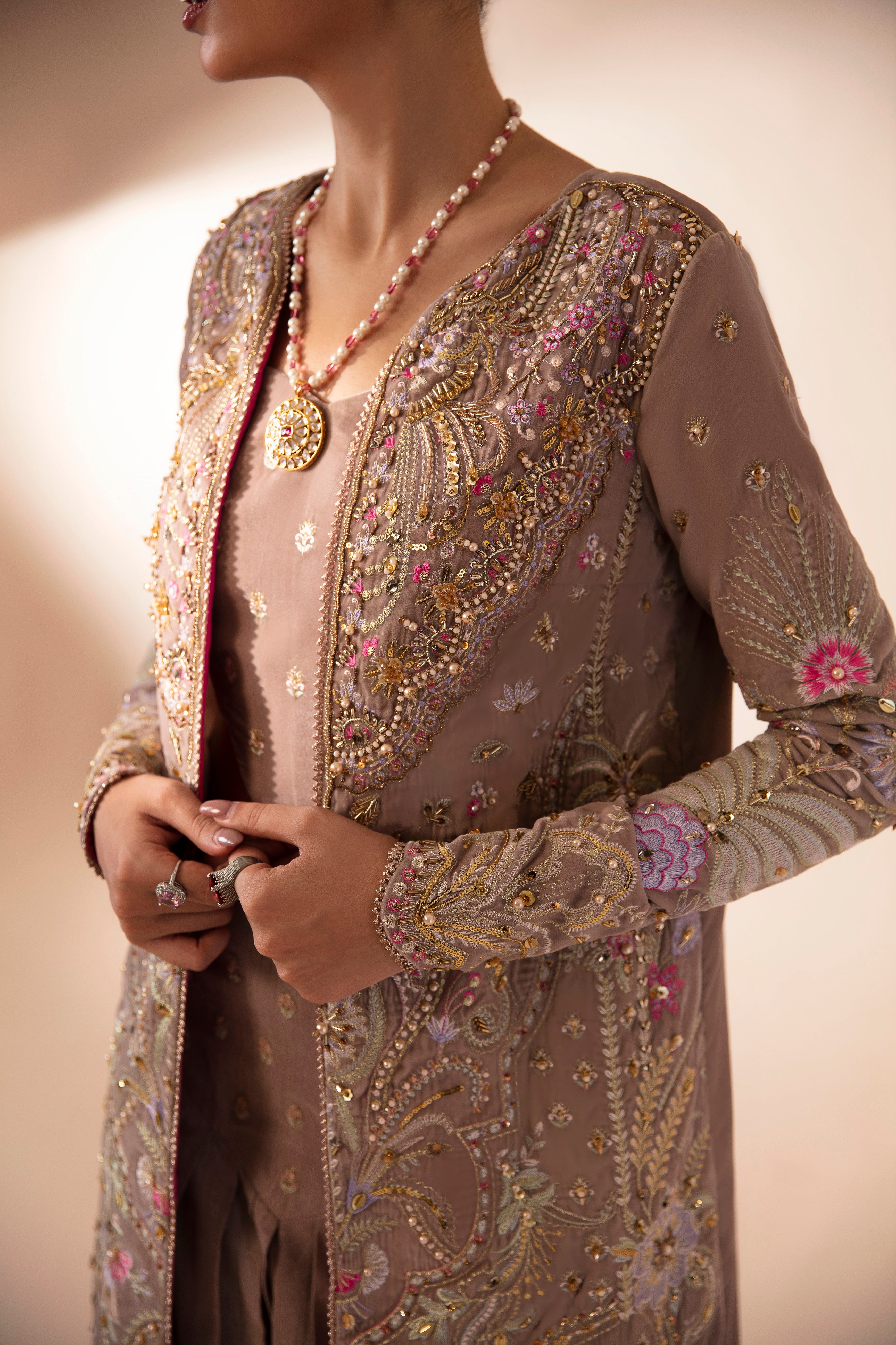 Subtle Pink Embroidered Velvet Jacket & Raw Silk Lehenga (2-Piece) - Image 3