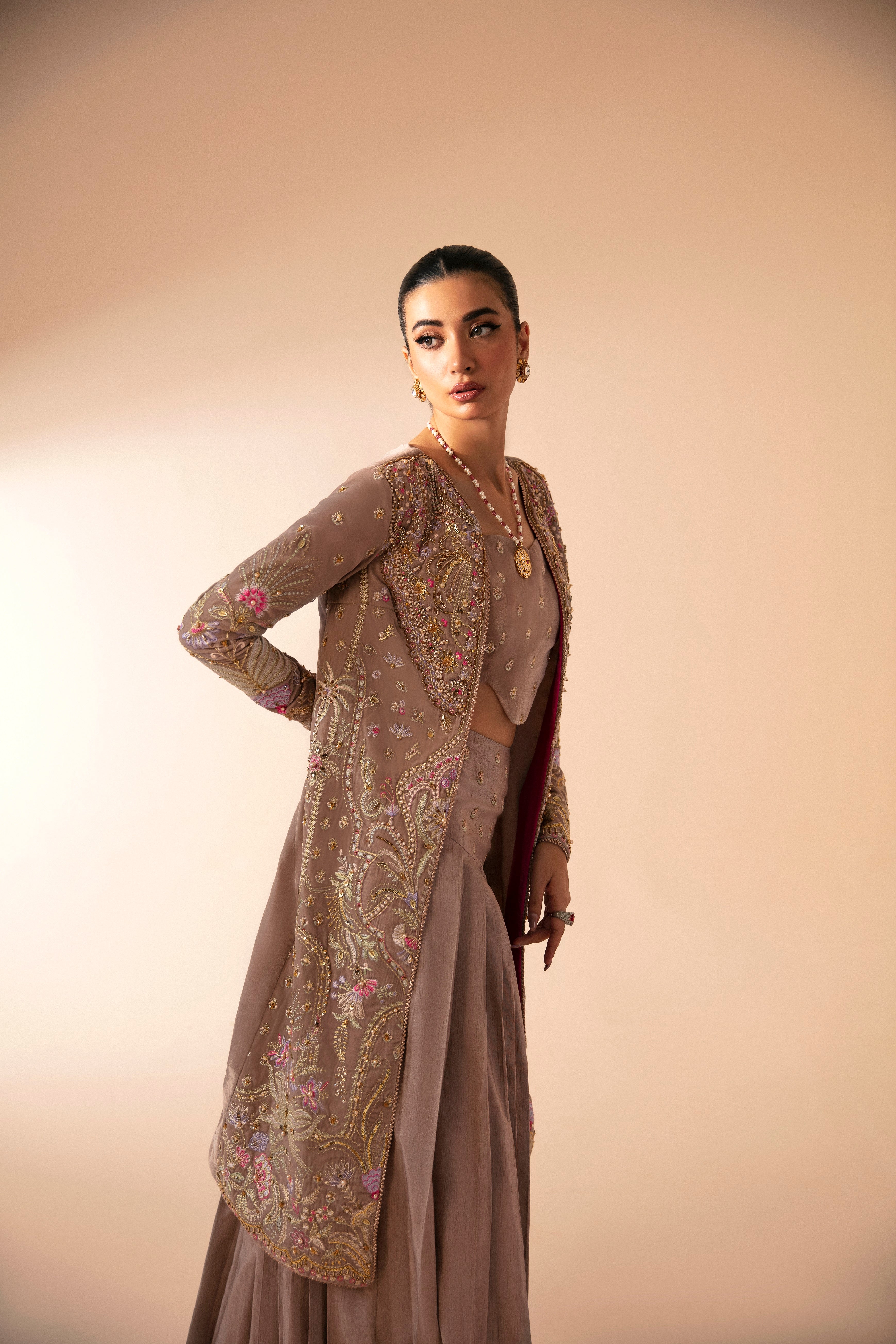 Subtle Pink Embroidered Velvet Jacket & Raw Silk Lehenga (2-Piece) - Image 4