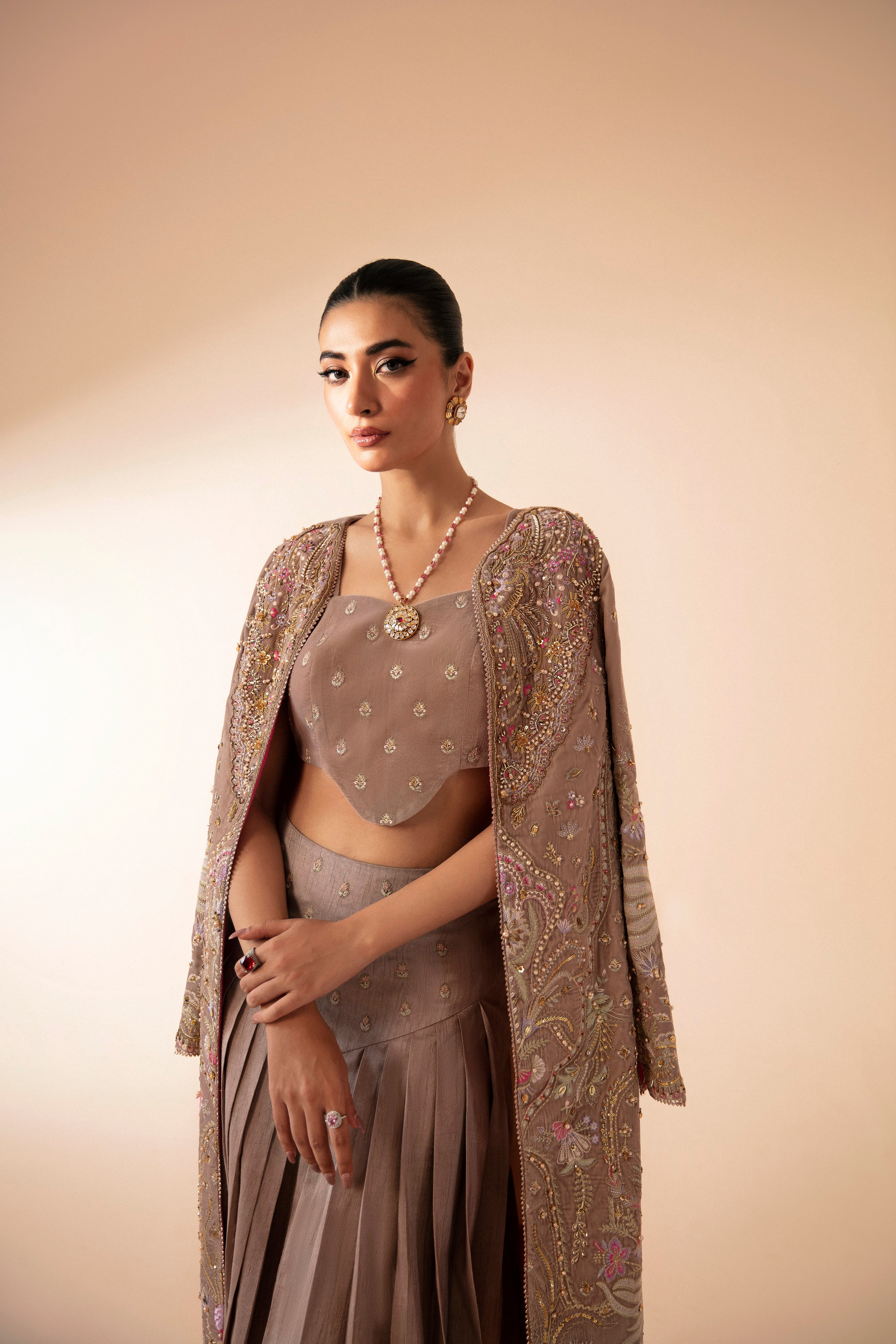 Subtle Pink Embroidered Velvet Jacket & Raw Silk Lehenga (2-Piece) - Image 5