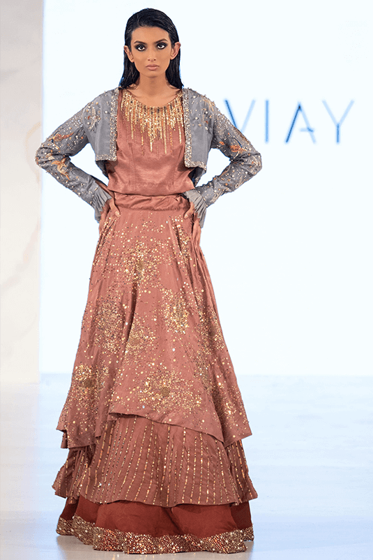 Mauve Velvet Lehenga with Embroidered Grey Silk Jacket (3-Piece) - Image 3