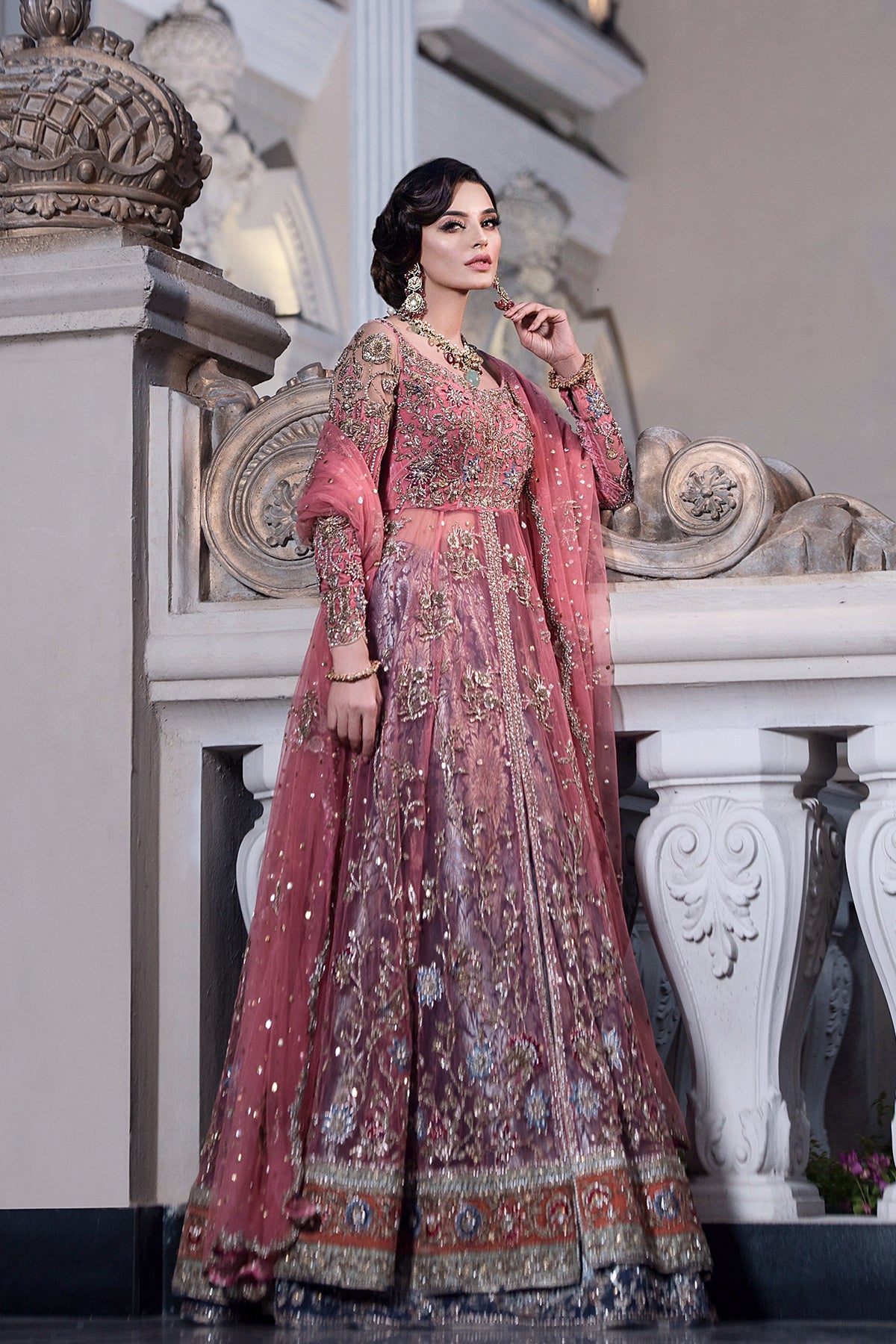 Blush Pink Zardozi Net Gown with Jamawar Lehenga (3-Piece) - Image 1