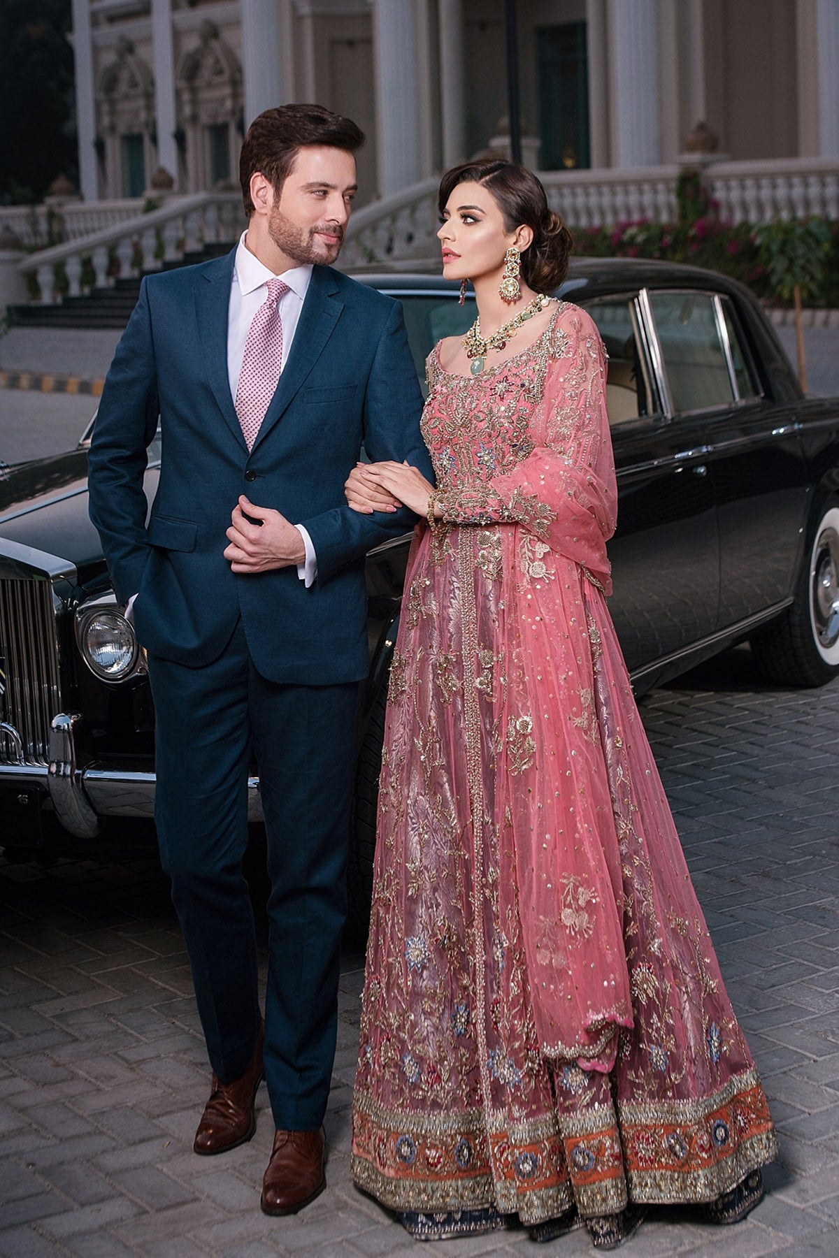 Blush Pink Zardozi Net Gown with Jamawar Lehenga (3-Piece) - Image 2