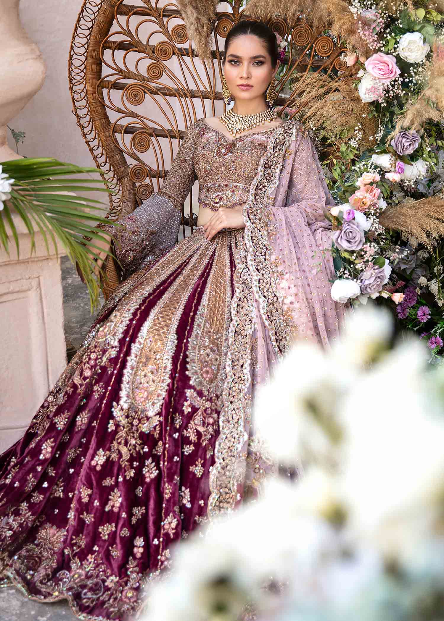 Pakistani Mauve & Deep Maroon Embellished Velvet Bridal Lehenga (3-Piece) - Image 4