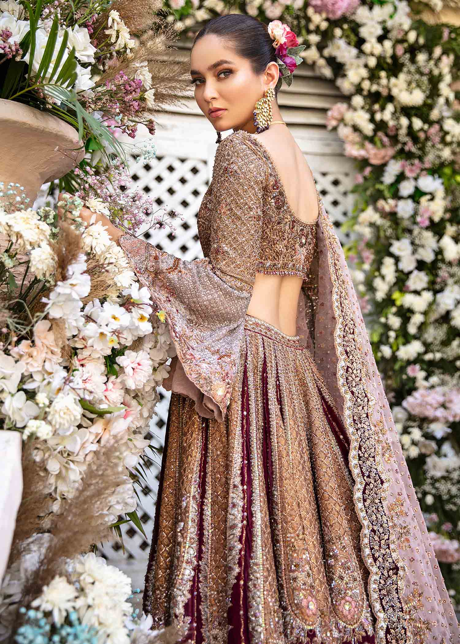 Pakistani Mauve & Deep Maroon Embellished Velvet Bridal Lehenga (3-Piece) - Image 5