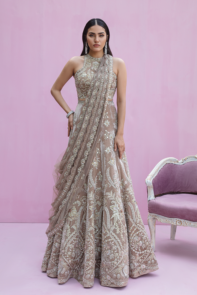 Pakistani Pale Mauve Embellished Velvet Lehenga Choli (3-Piece) - Image 3