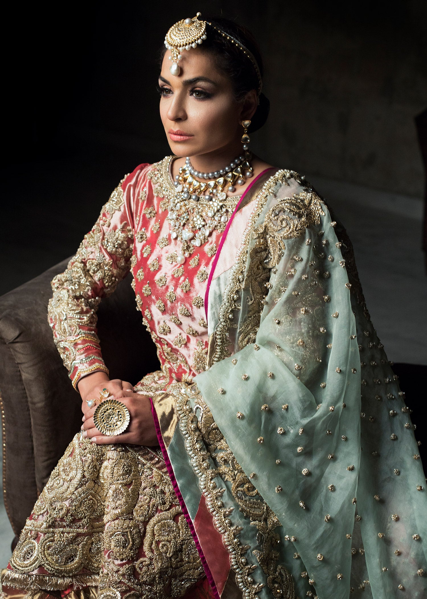 Rose Pink Gold Embellished Velvet Silk Bridal Lehenga (3-Piece) - Image 2