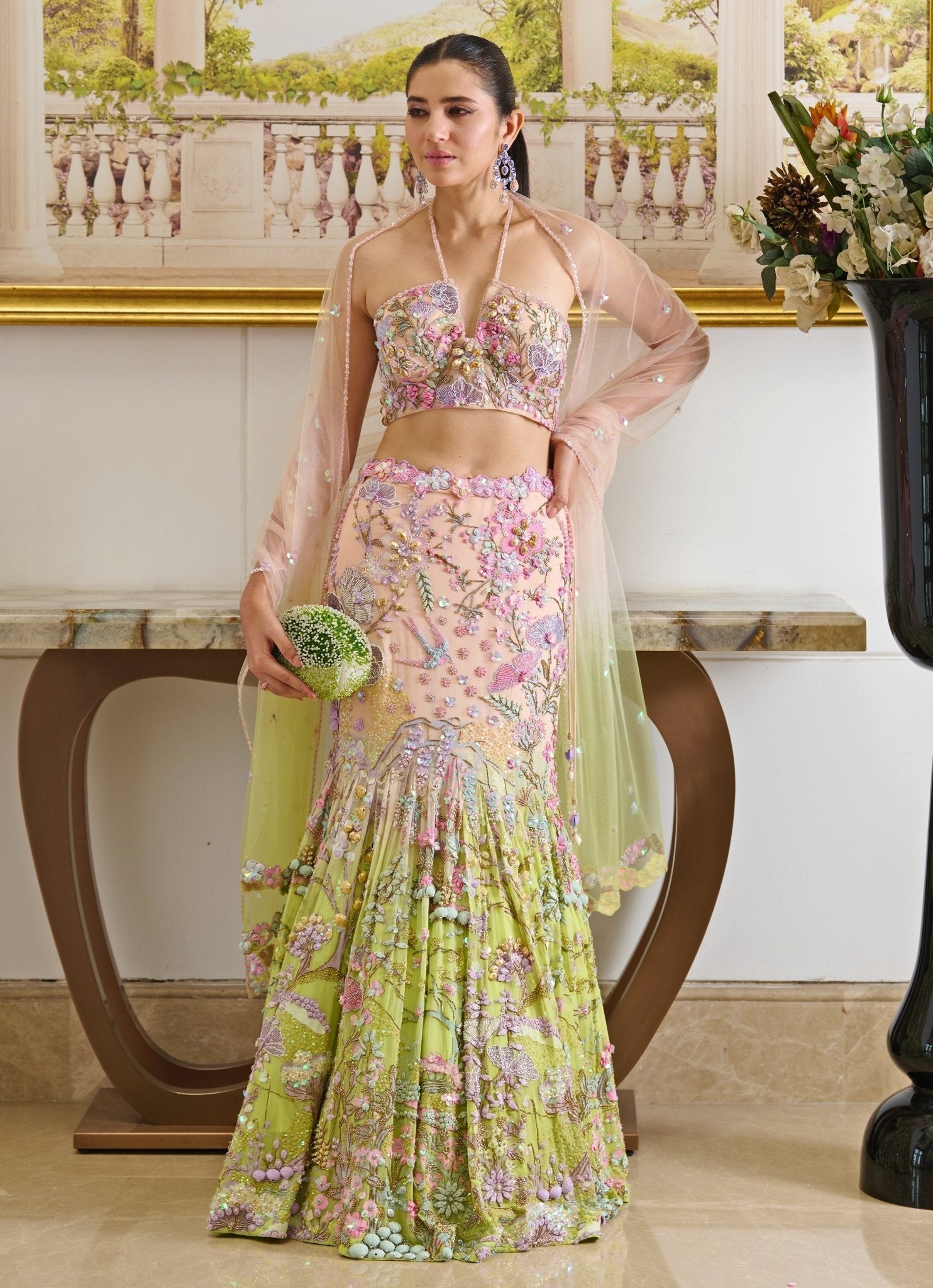 Pink & Green Ombre Embroidered Mermaid Lehenga (3-Piece) - Image 1