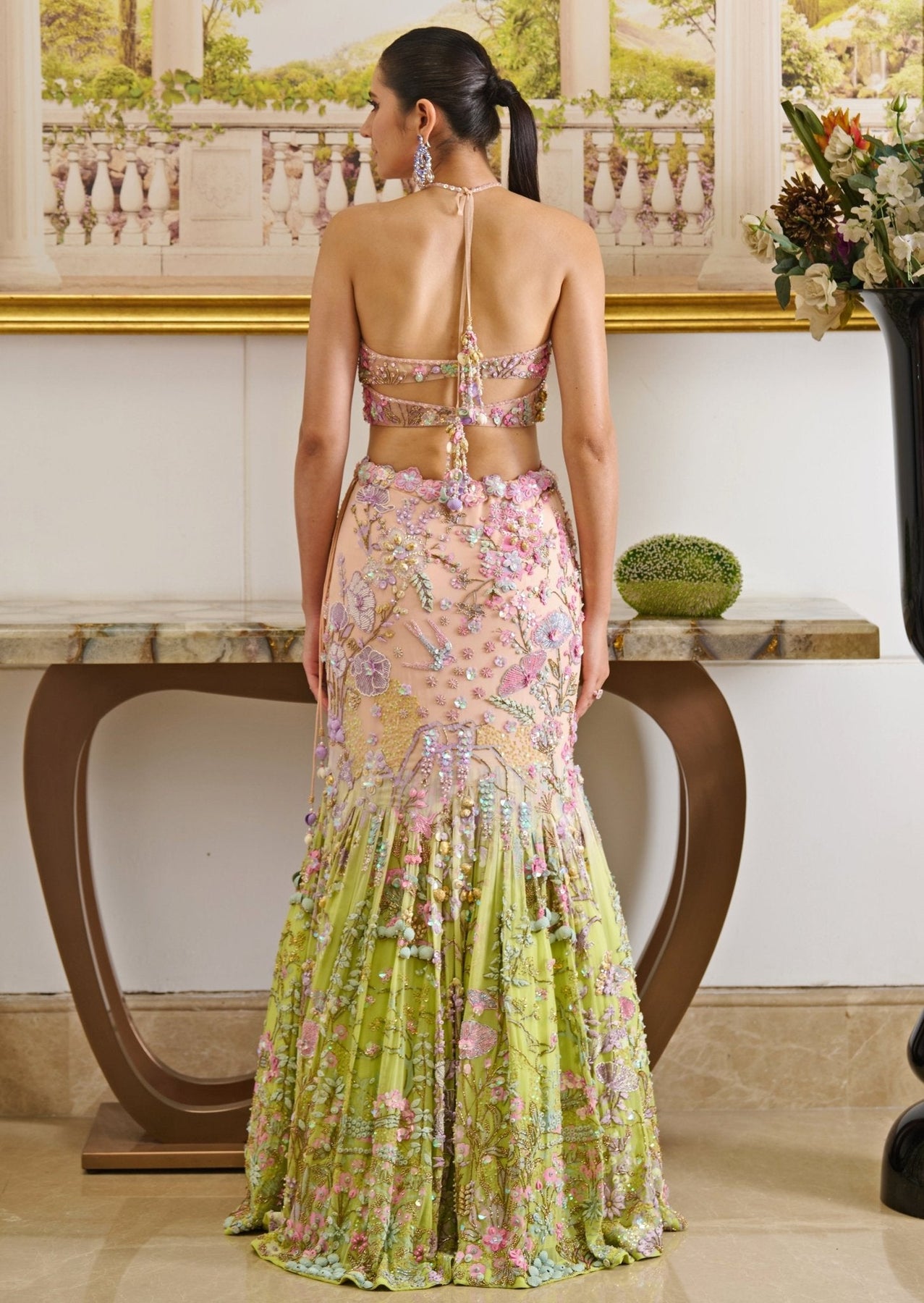 Pink & Green Ombre Embroidered Mermaid Lehenga (3-Piece) - Image 3