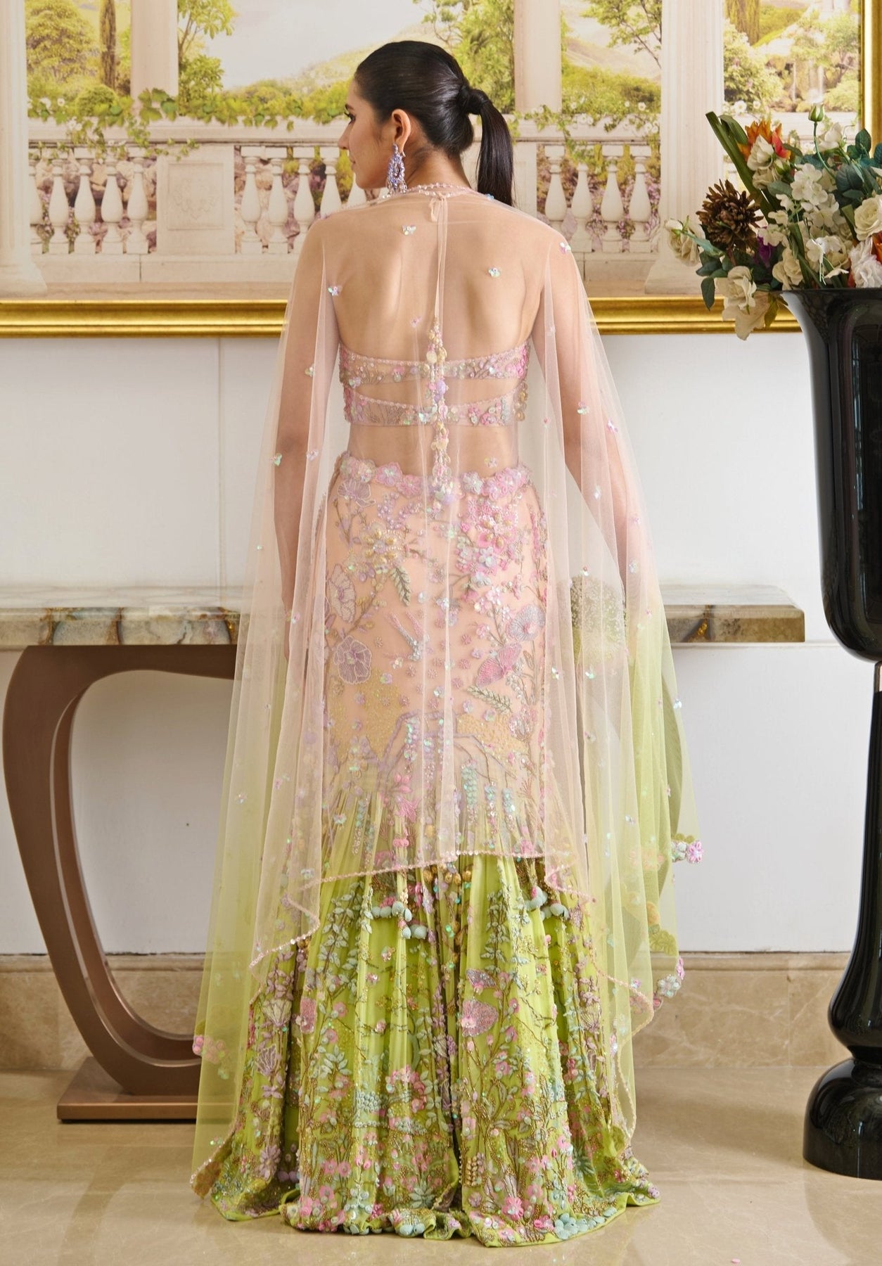 Pink & Green Ombre Embroidered Mermaid Lehenga (3-Piece) - Image 4