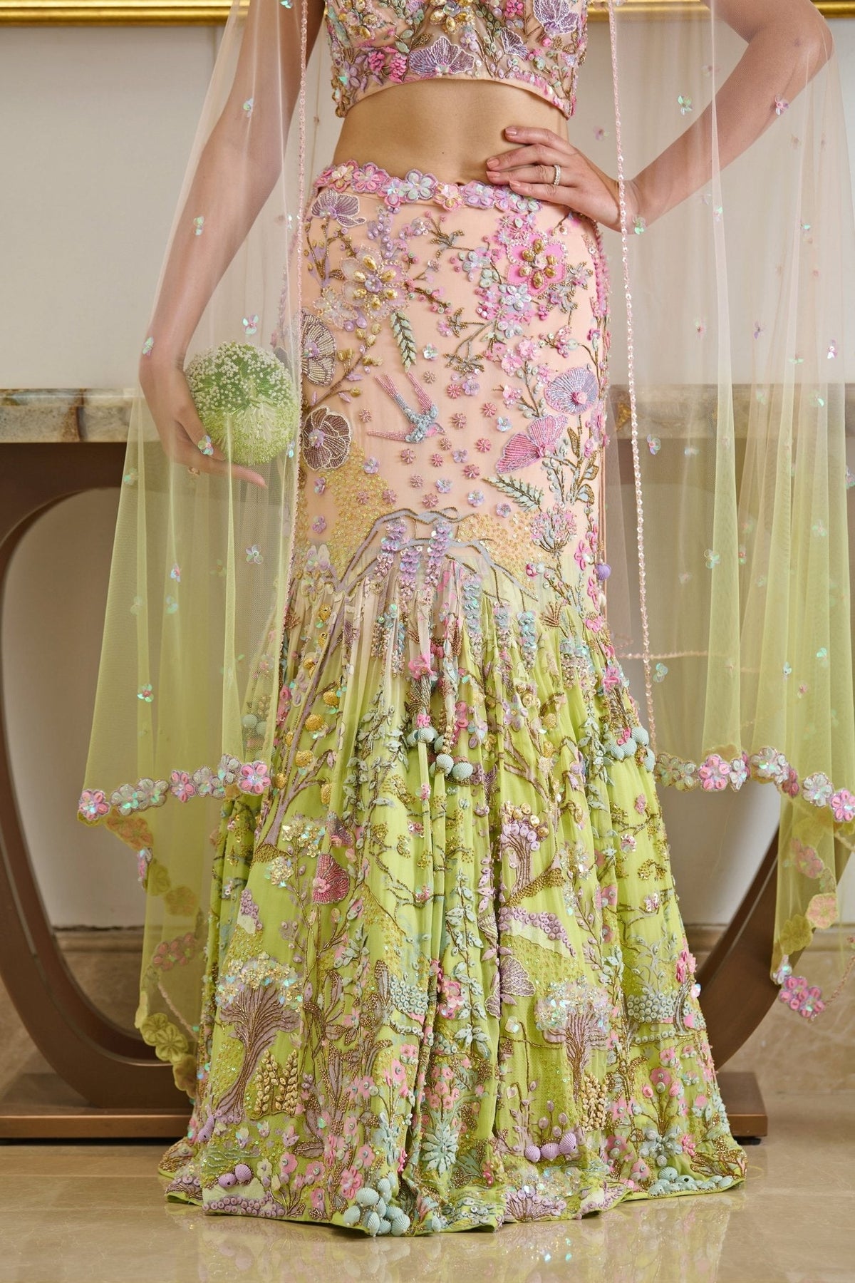 Pink & Green Ombre Embroidered Mermaid Lehenga (3-Piece) - Image 6
