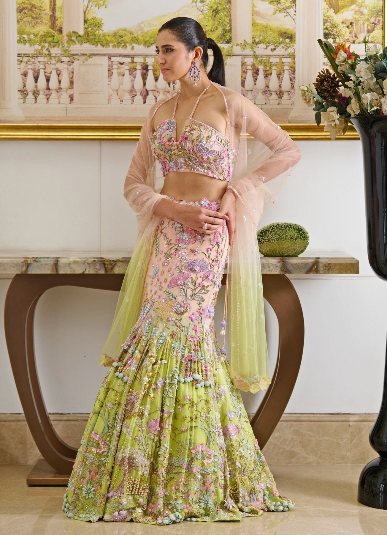 Pink & Green Ombre Embroidered Mermaid Lehenga (3-Piece) - Image 7