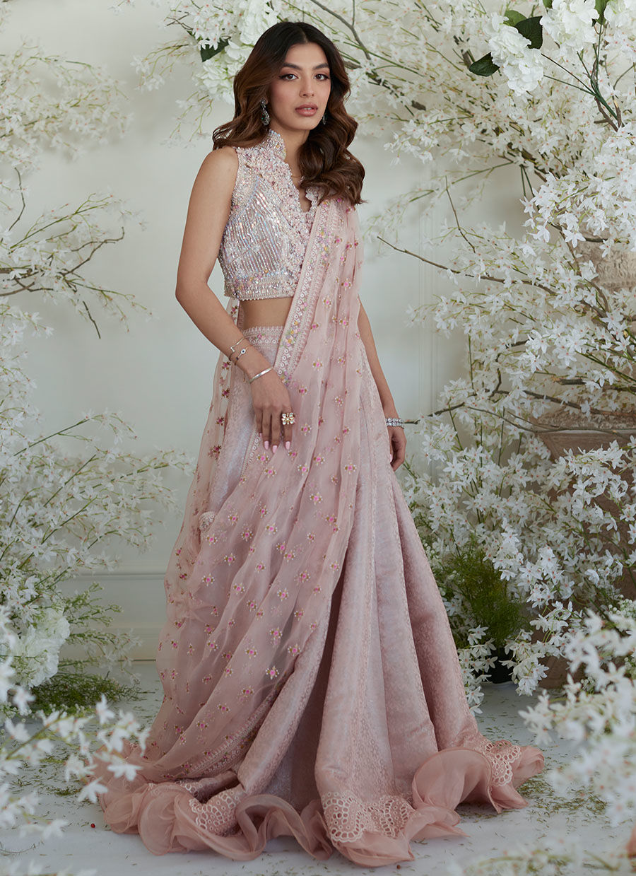Indian Kashmiri Chai Pink Zari Lehenga Saree (3-Piece) - Image 2