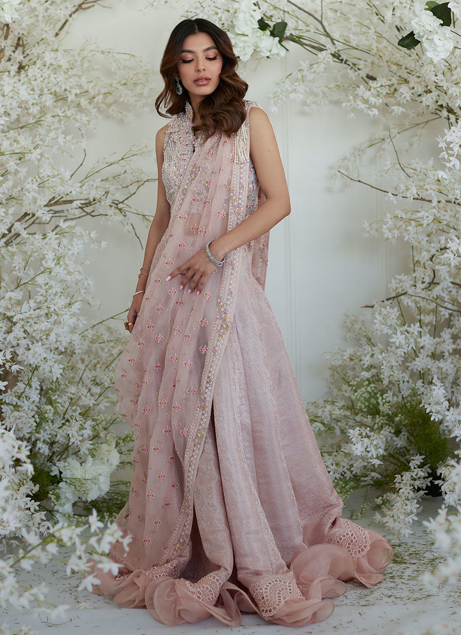 Indian Kashmiri Chai Pink Zari Lehenga Saree (3-Piece) - Image 4