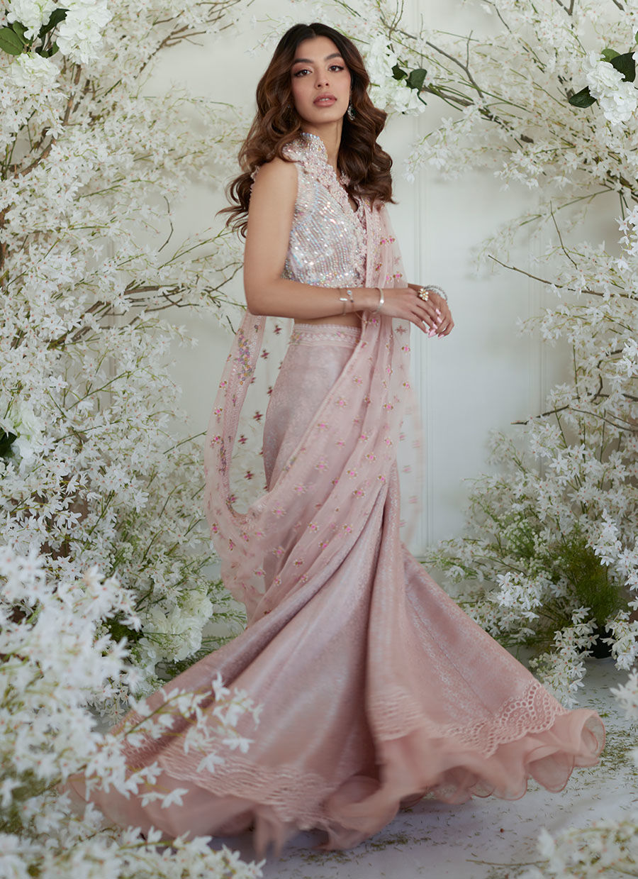 Indian Kashmiri Chai Pink Zari Lehenga Saree (3-Piece) - Image 5