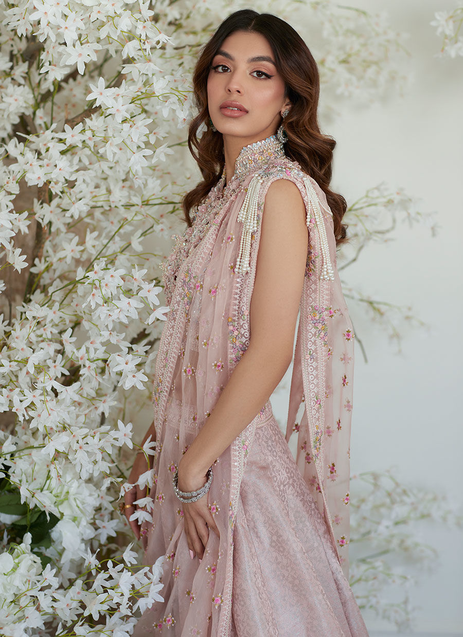 Indian Kashmiri Chai Pink Zari Lehenga Saree (3-Piece) - Image 6