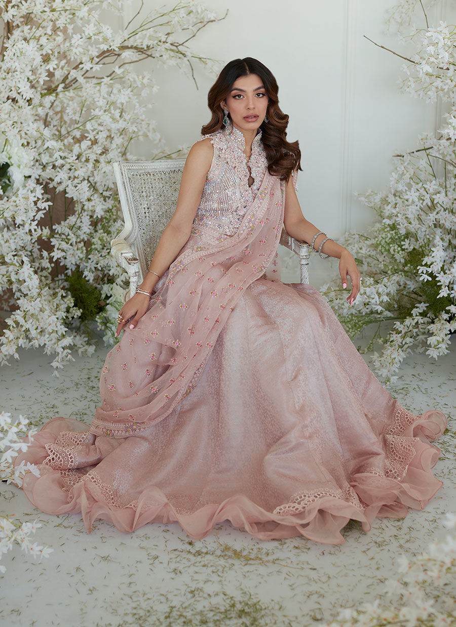 Indian Kashmiri Chai Pink Zari Lehenga Saree (3-Piece) - Image 7