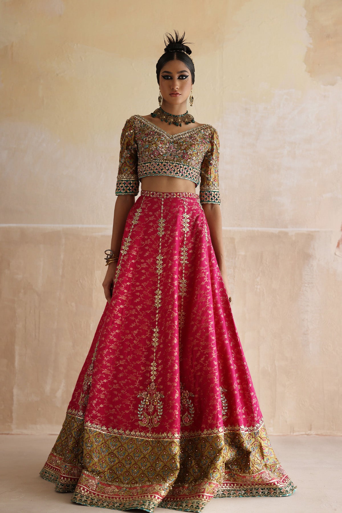 Pakistani Green Embroidered Silk-Velvet Choli & Rose Pink Lehenga (3-Piece) - Image 1