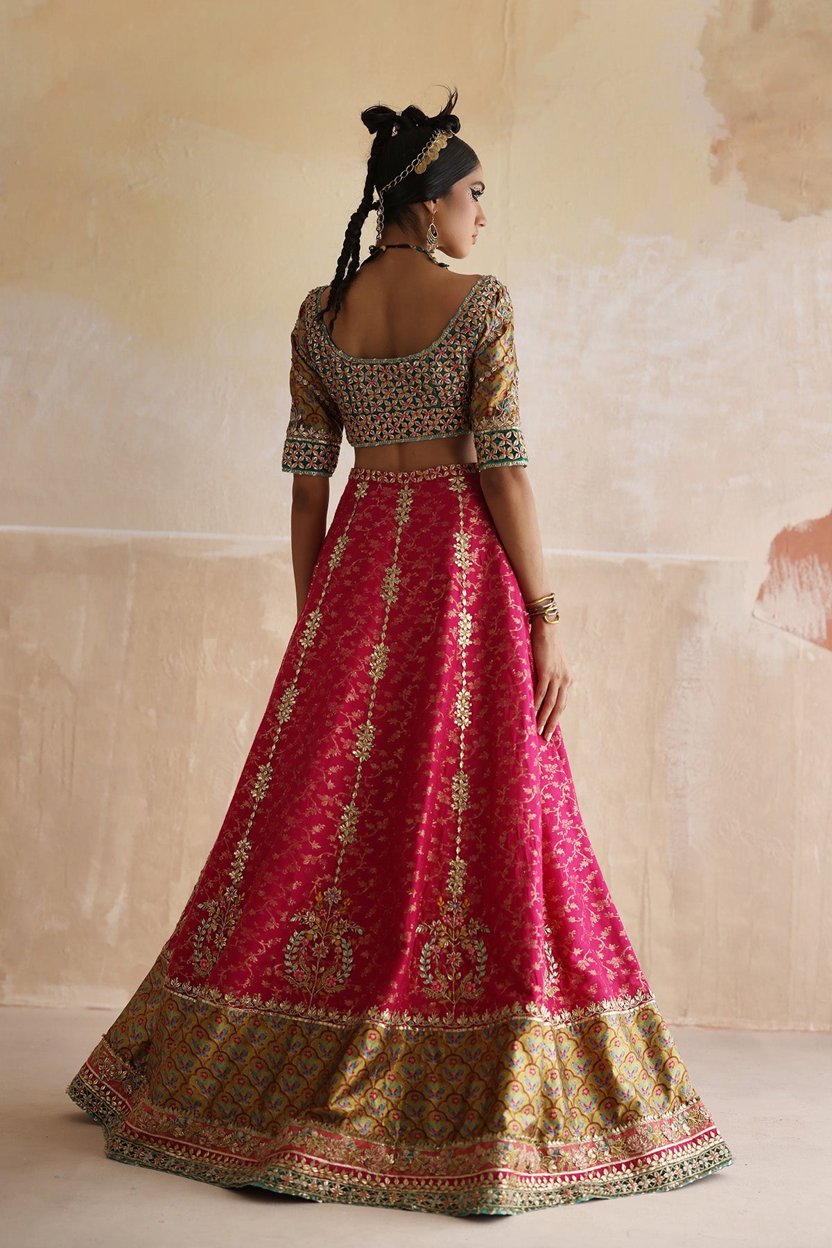 Pakistani Green Embroidered Silk-Velvet Choli & Rose Pink Lehenga (3-Piece) - Image 2