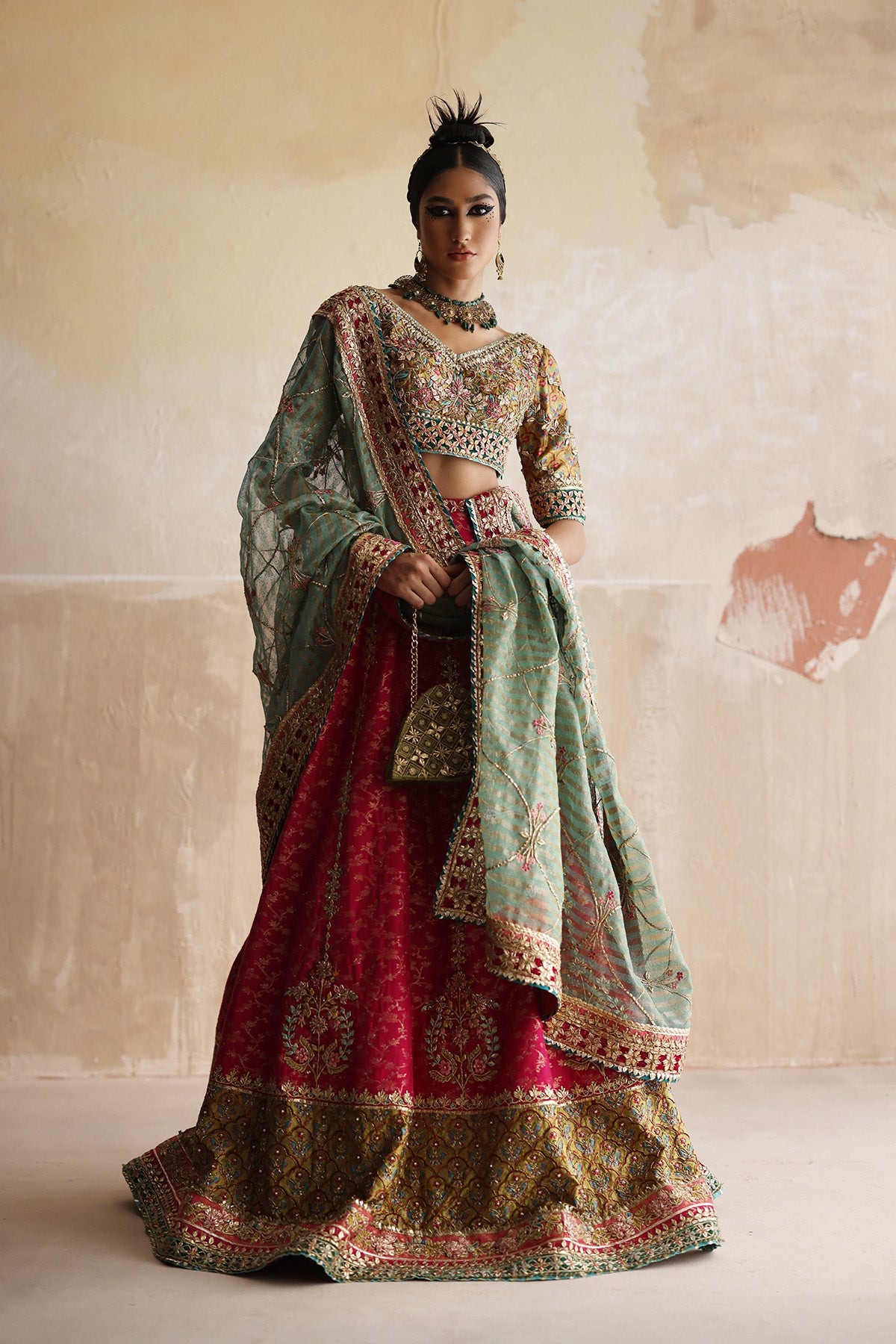 Pakistani Green Embroidered Silk-Velvet Choli & Rose Pink Lehenga (3-Piece) - Image 3