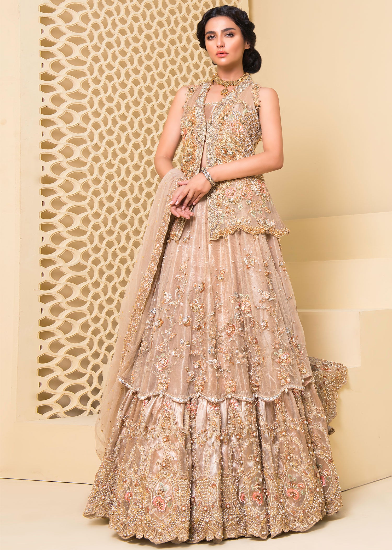 Pakistani Peach Zari Net & Tissue Bridal Lehenga (3-Piece) - Image 3
