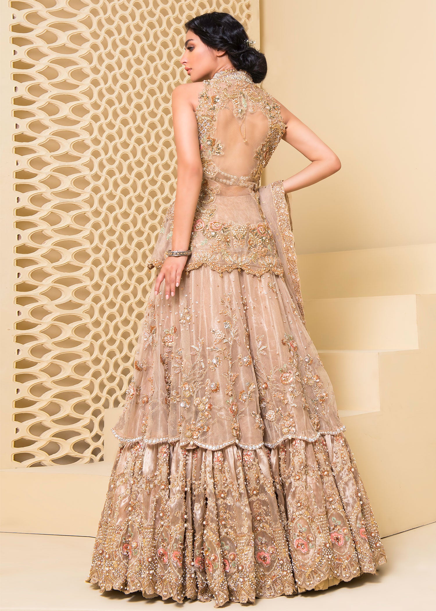 Pakistani Peach Zari Net & Tissue Bridal Lehenga (3-Piece) - Image 4