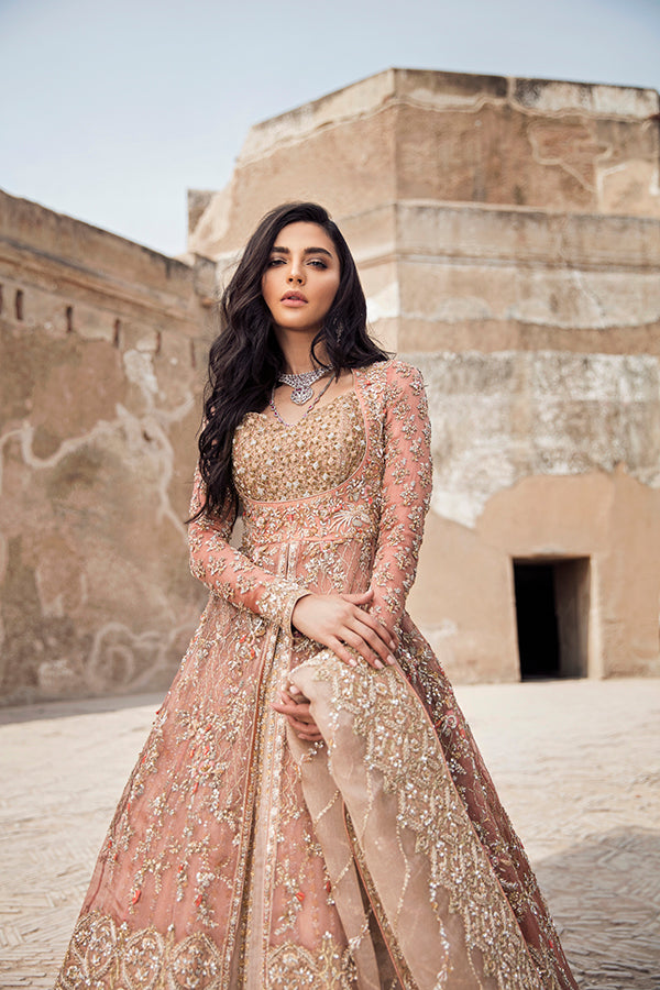 Blush Pink Embroidered Zari Net Lehenga (3-Piece) - Image 3