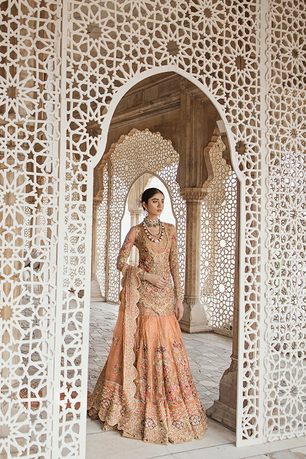 Pakistani Peachy Pink Zari Net Mermaid Lehenga (3-Piece) - Image 3