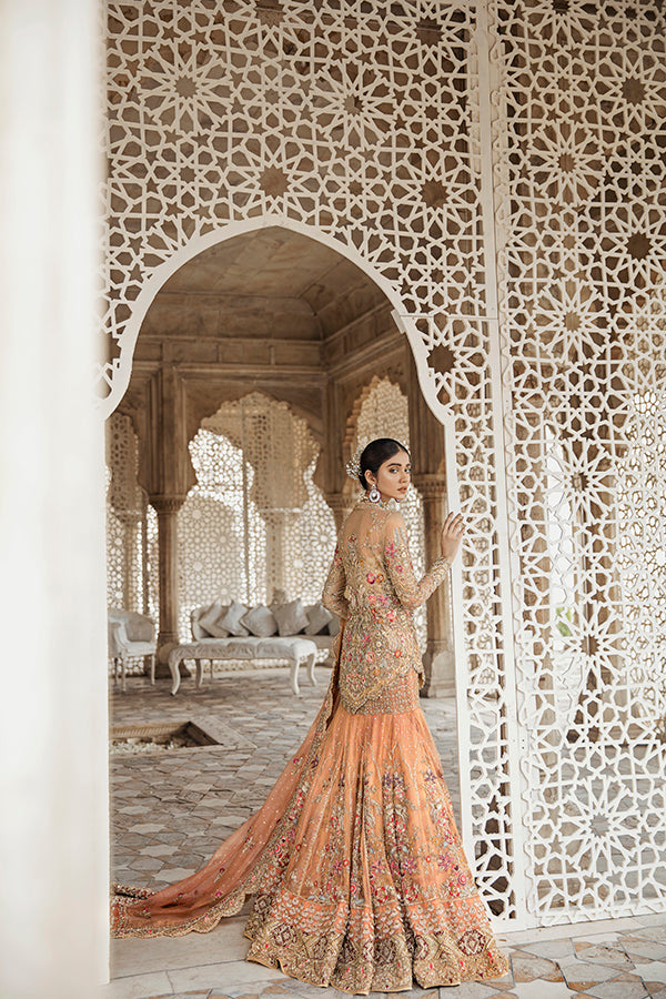 Pakistani Peachy Pink Zari Net Mermaid Lehenga (3-Piece) - Image 4