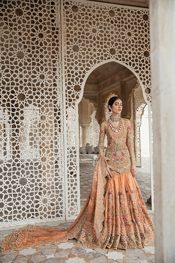 Pakistani Peachy Pink Zari Net Mermaid Lehenga (3-Piece) - Image 5