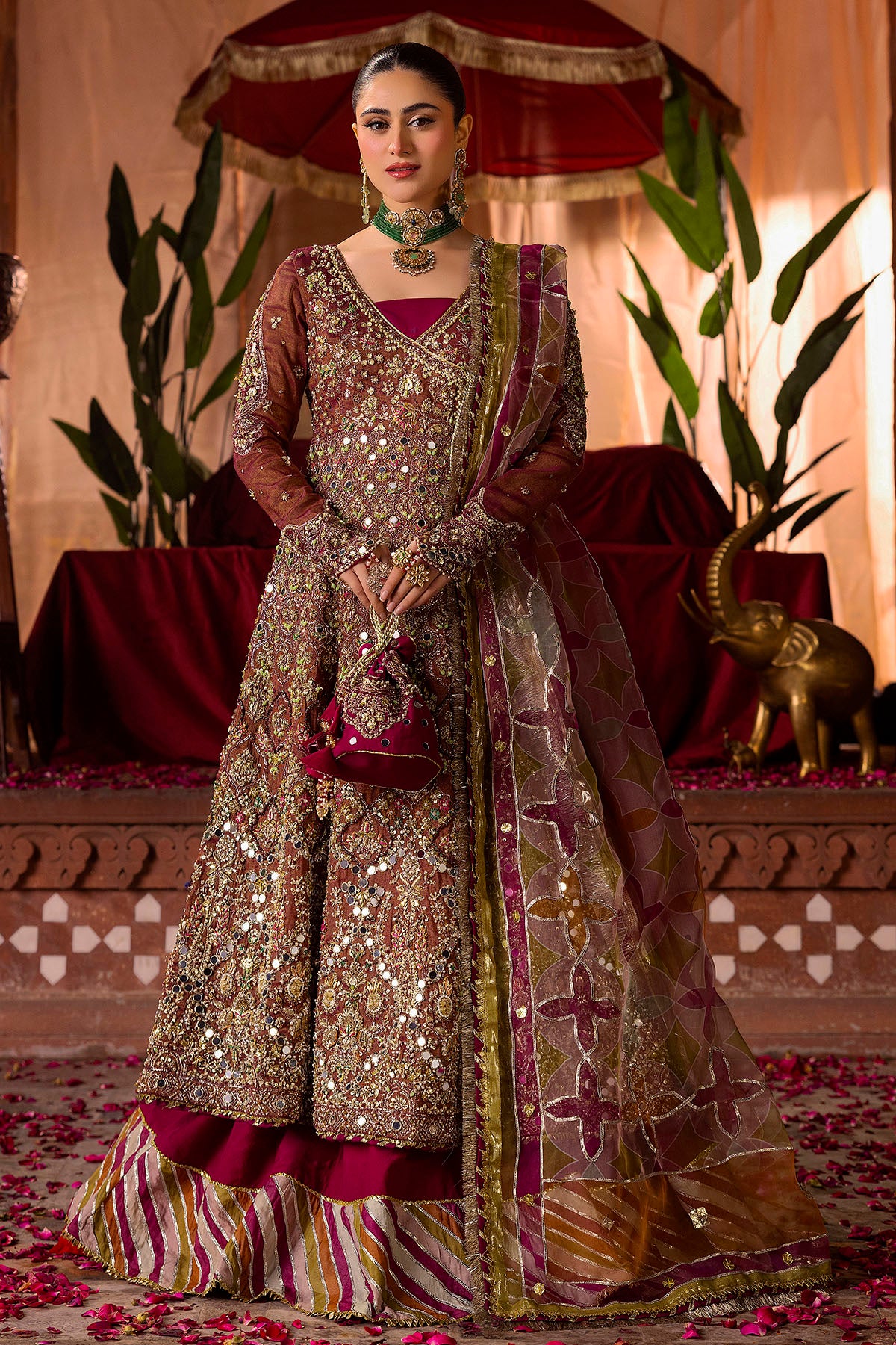 Fuchsia Pink Embellished Zari Net Angrakha Lehenga (3-Piece) - Image 1
