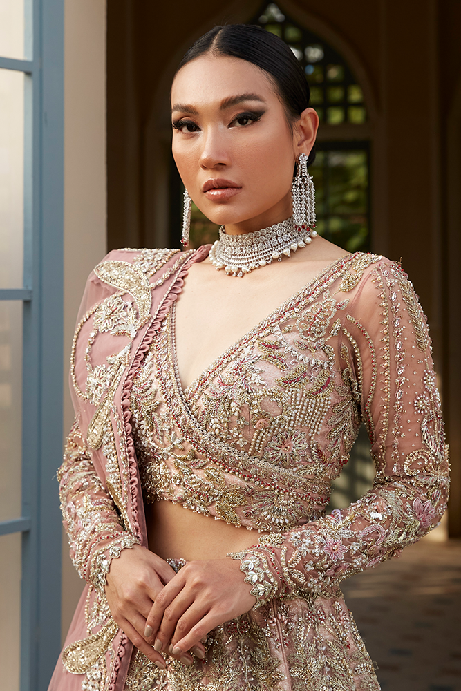 Pakistani Flesh Pink Embroidered Zari Organza Lehenga (3-Piece) - Image 2