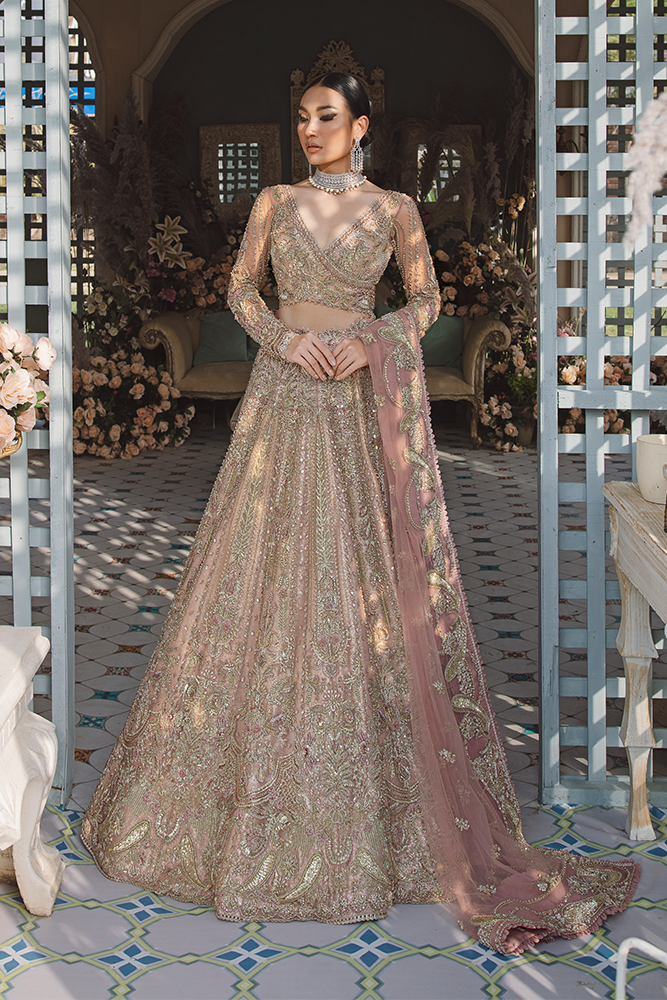 Pakistani Flesh Pink Embroidered Zari Organza Lehenga (3-Piece) - Image 3
