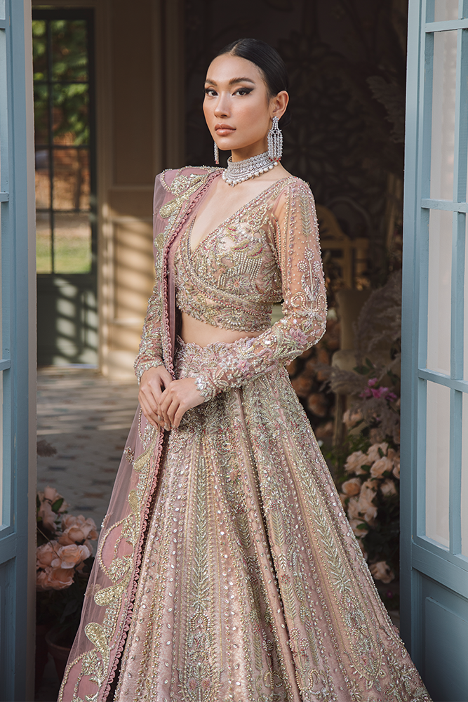 Pakistani Flesh Pink Embroidered Zari Organza Lehenga (3-Piece) - Image 4