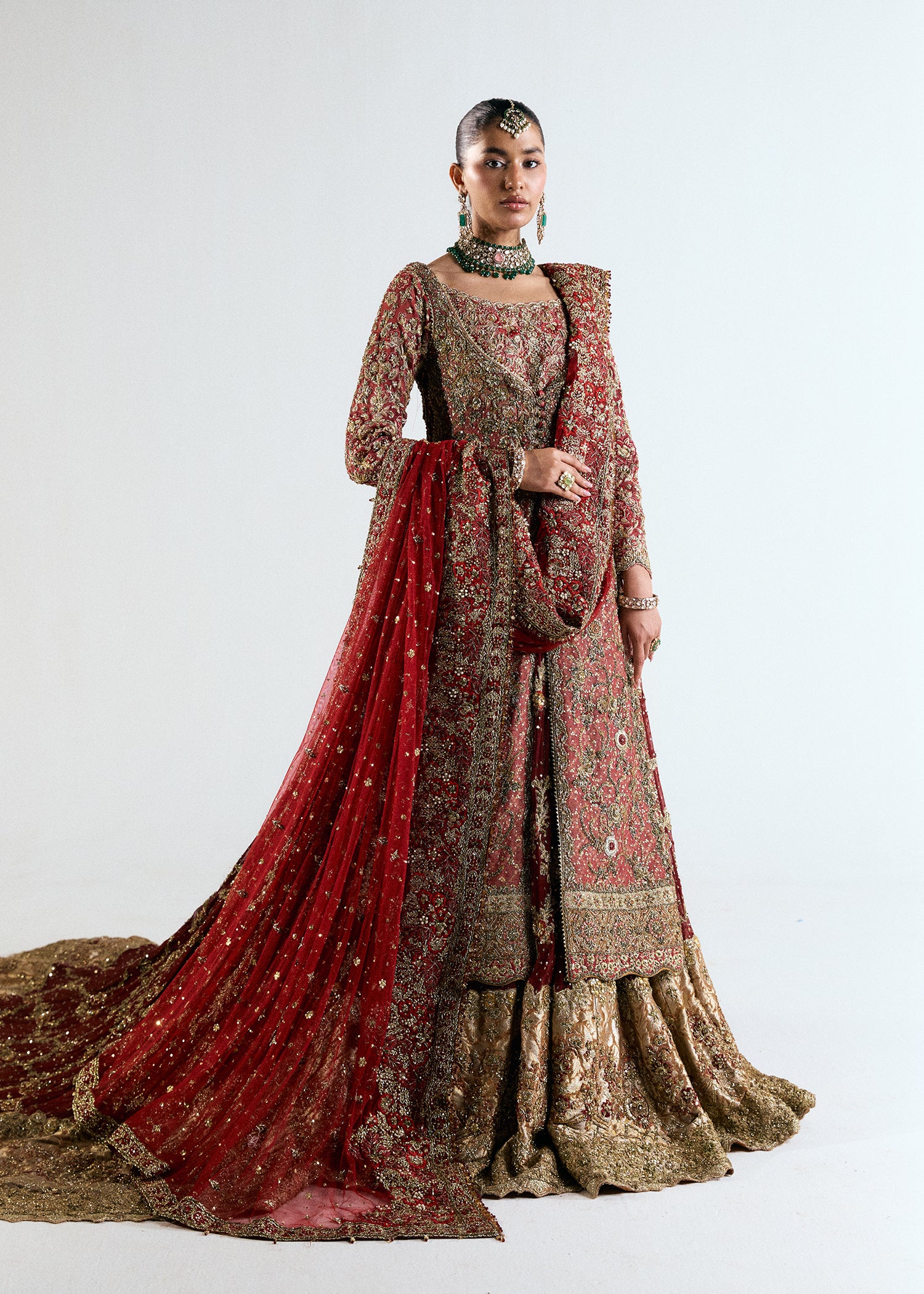 Rose Pink Zari Silk Net Bridal Jacket with Chiffon Lehenga (3-Piece) - Image 1