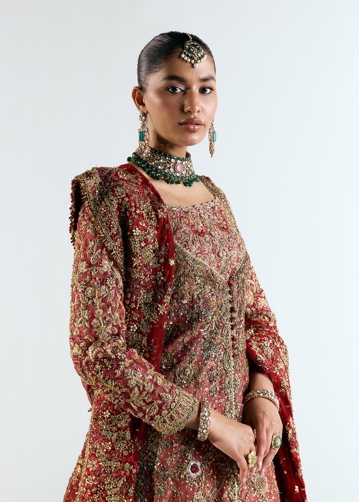 Rose Pink Zari Silk Net Bridal Jacket with Chiffon Lehenga (3-Piece) - Image 3