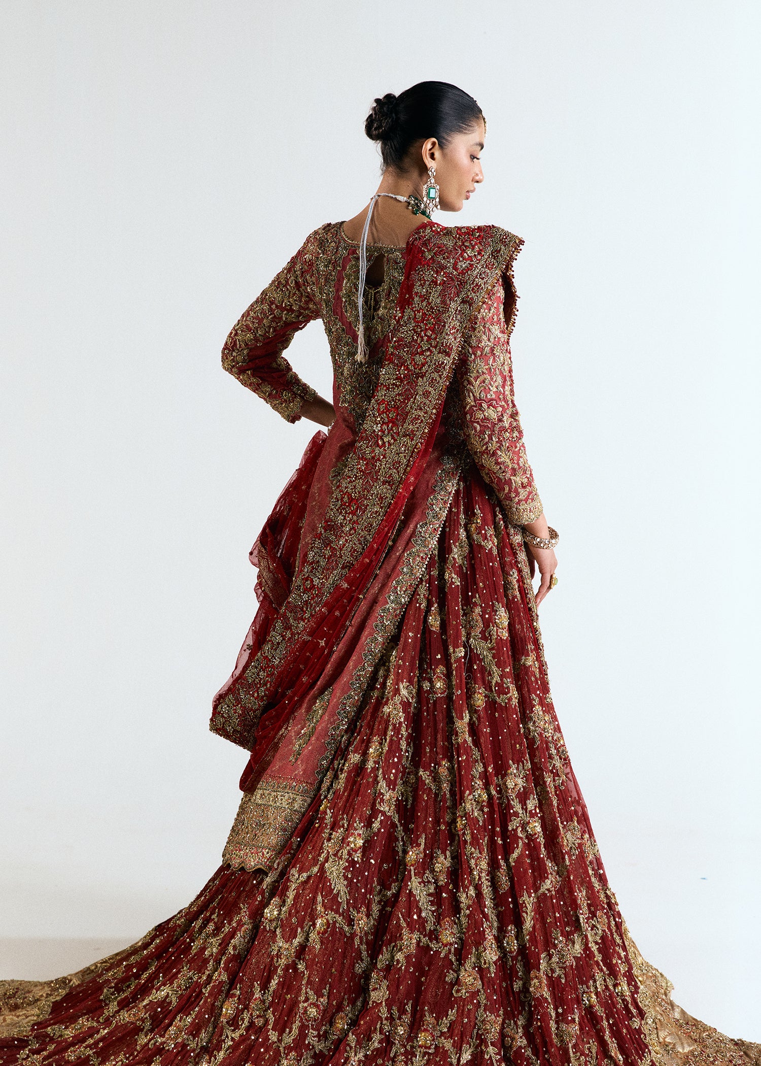 Rose Pink Zari Silk Net Bridal Jacket with Chiffon Lehenga (3-Piece) - Image 4